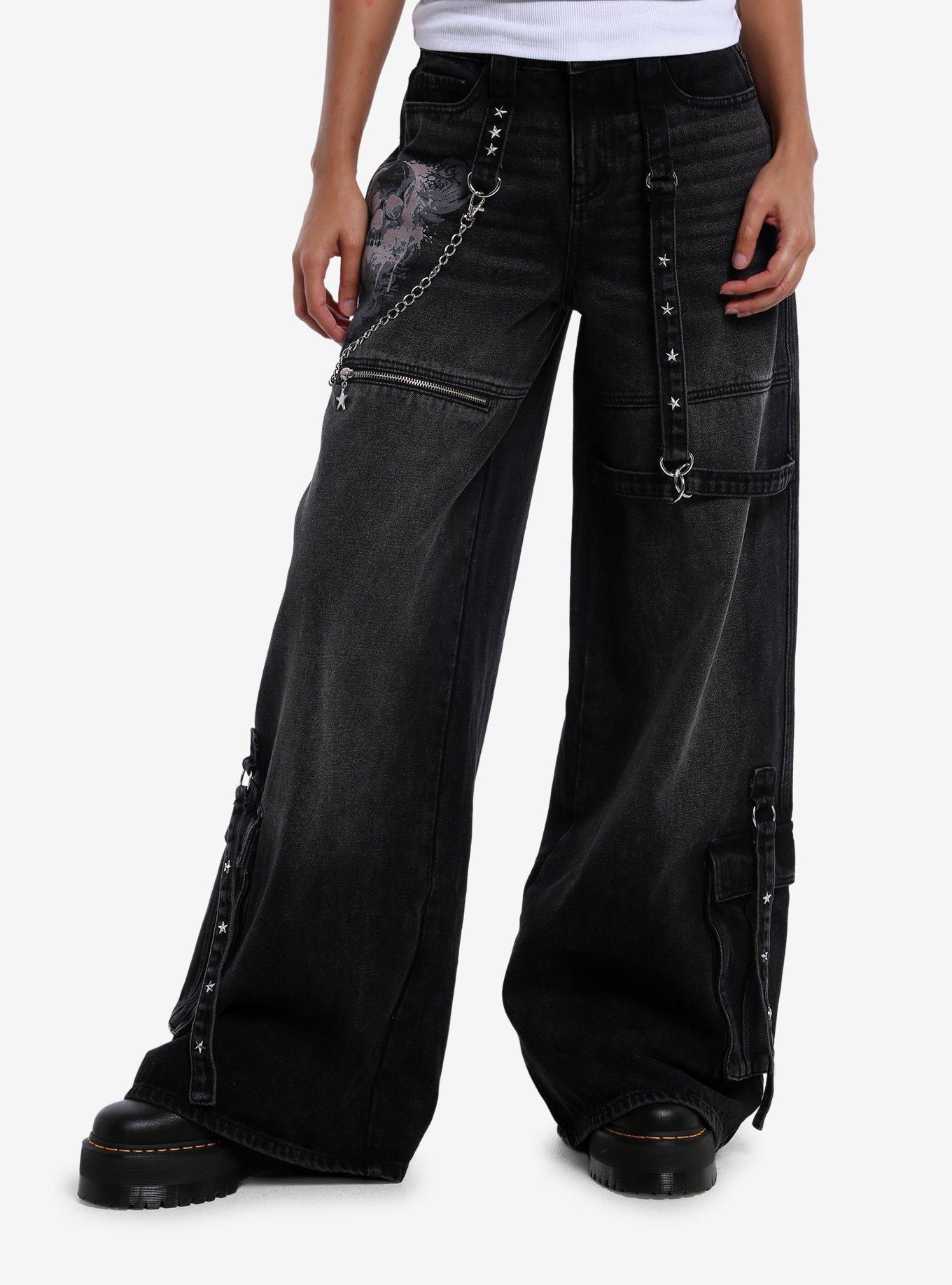 Social Collision Spray Skull Star Stud Cargo Jeans With Side Chain, , hi-res