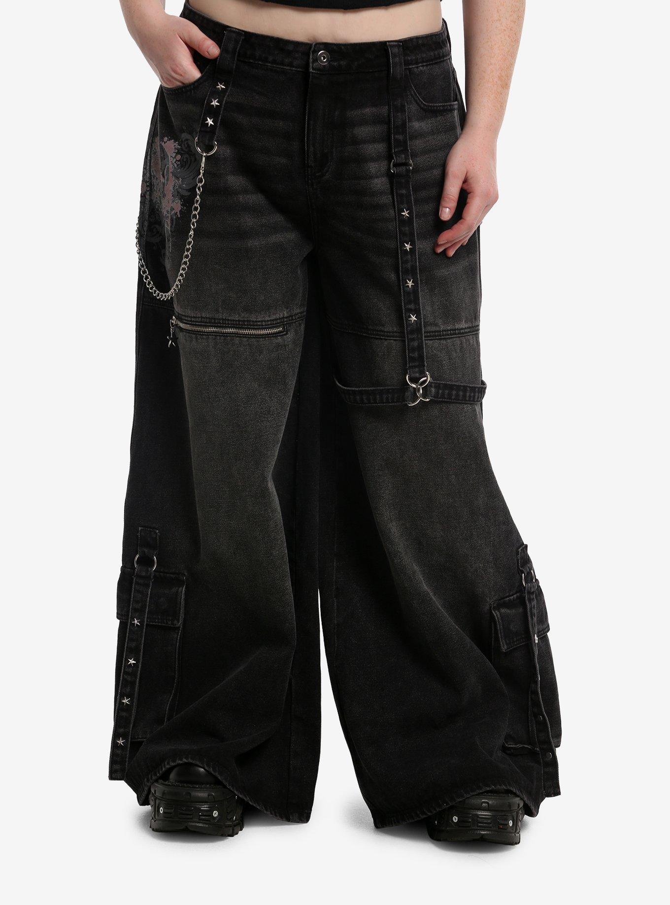 Social Collision Spray Skull Star Stud Cargo Jeans With Side Chain Plus Size, , hi-res