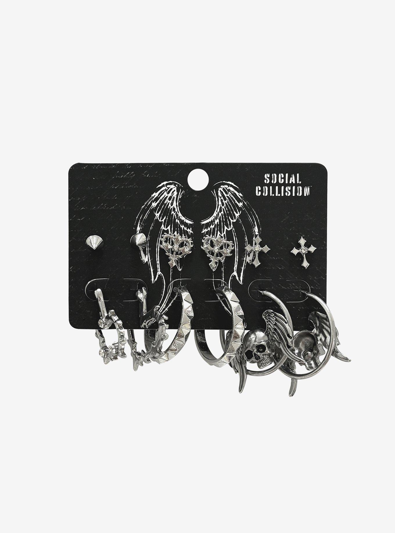 Social Collision Skull Cross Spike Earring Set, , hi-res