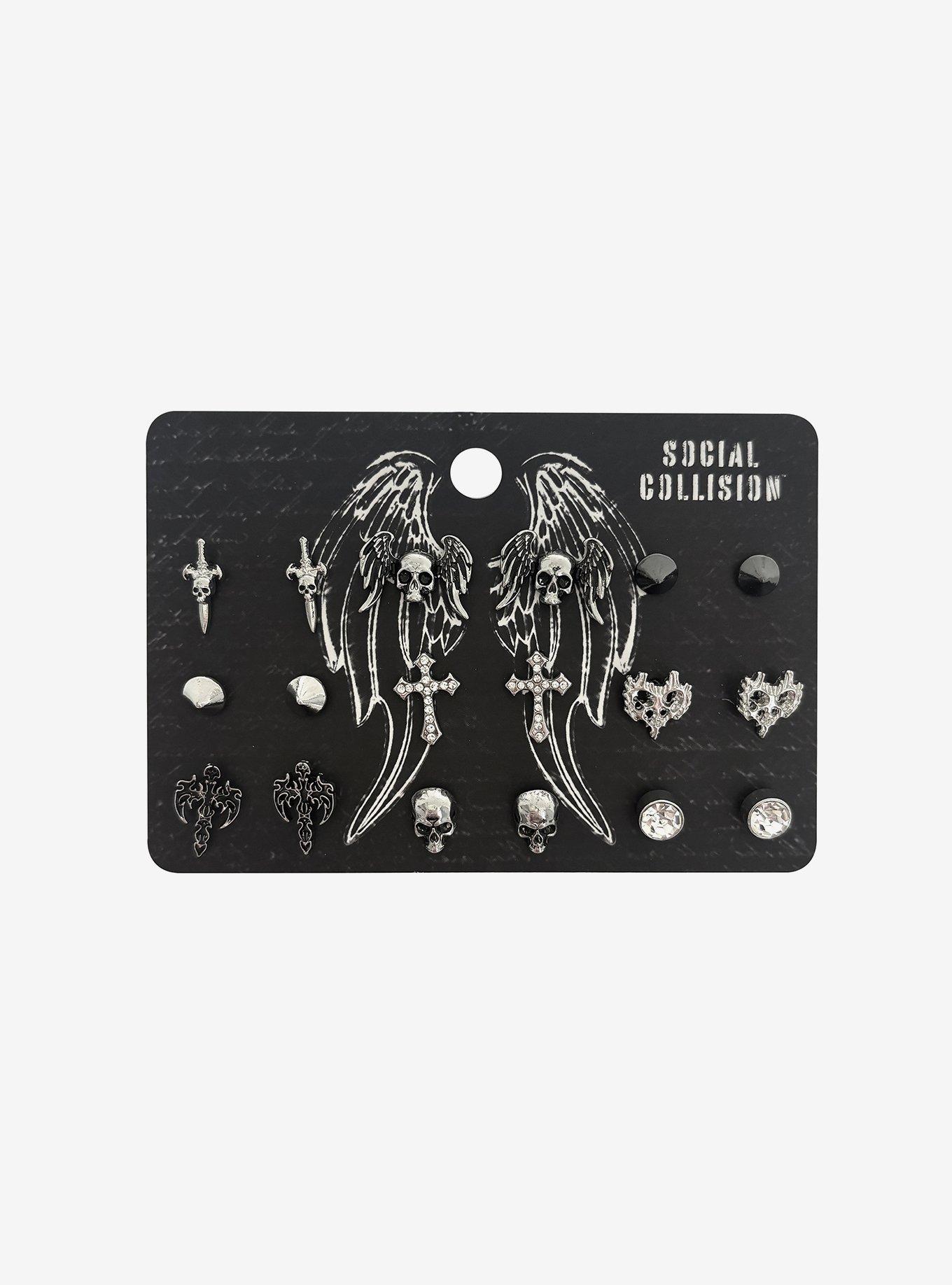 Social Collision Cyber Skull Heart Cross Stud Earring Set, , hi-res