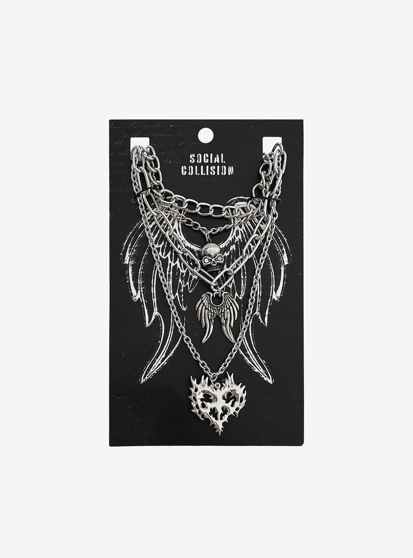 Social Collision Cyber Heart Skull Necklace Set, , hi-res