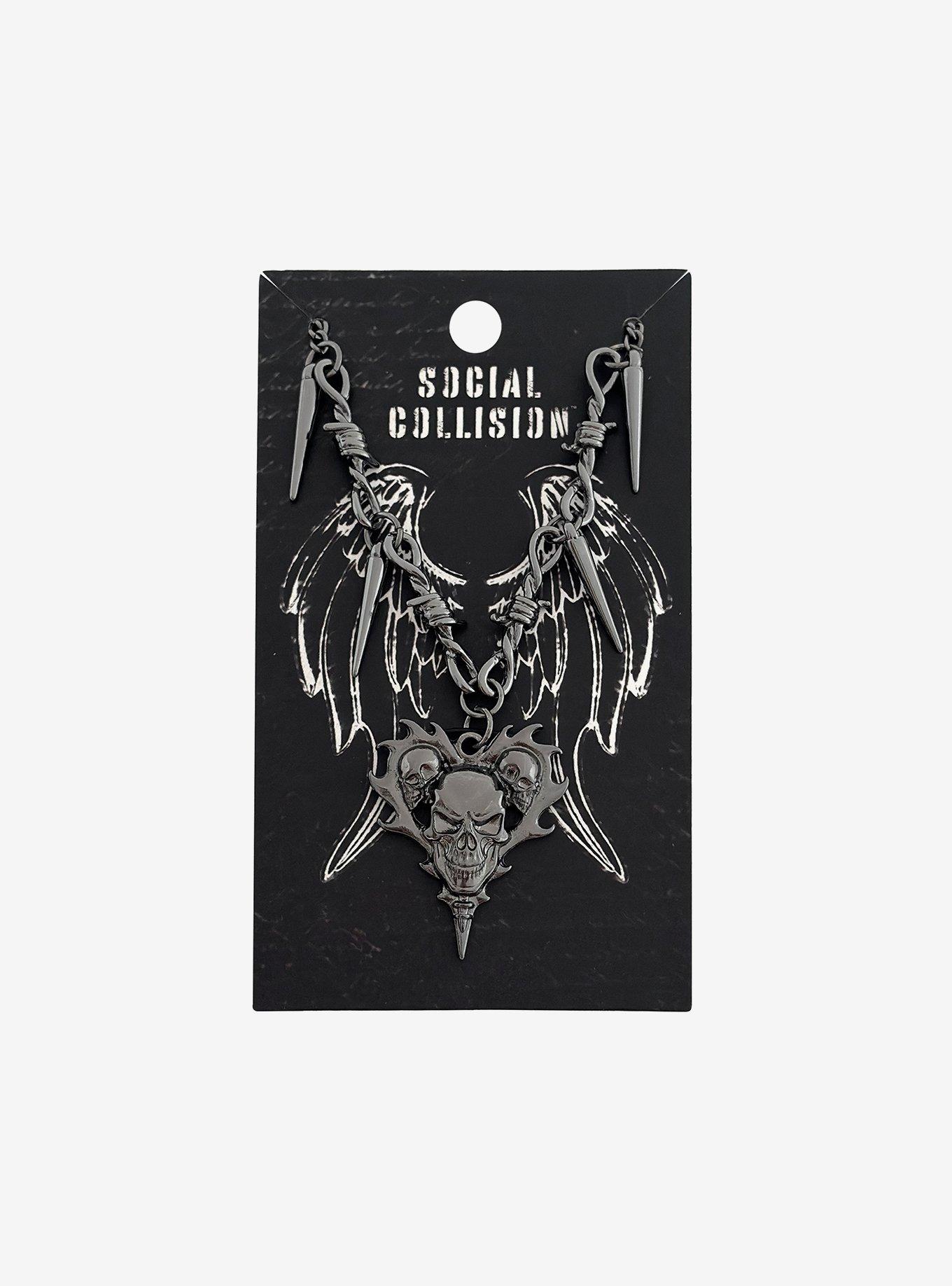 Social Collision Skull Flame Heart Necklace, , hi-res