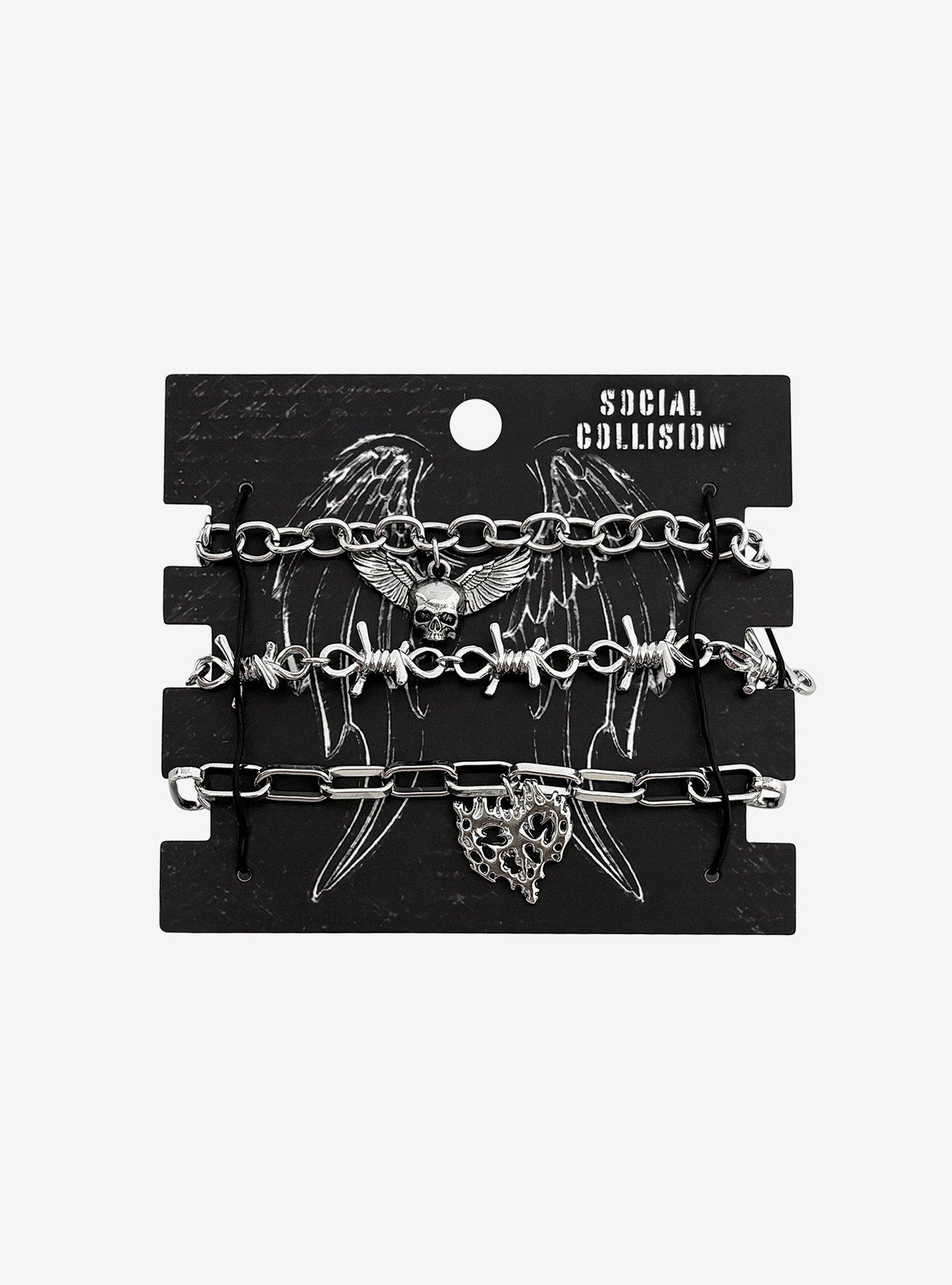 Social Collision Winged Skull Barbed Wire Bracelet Set, , hi-res