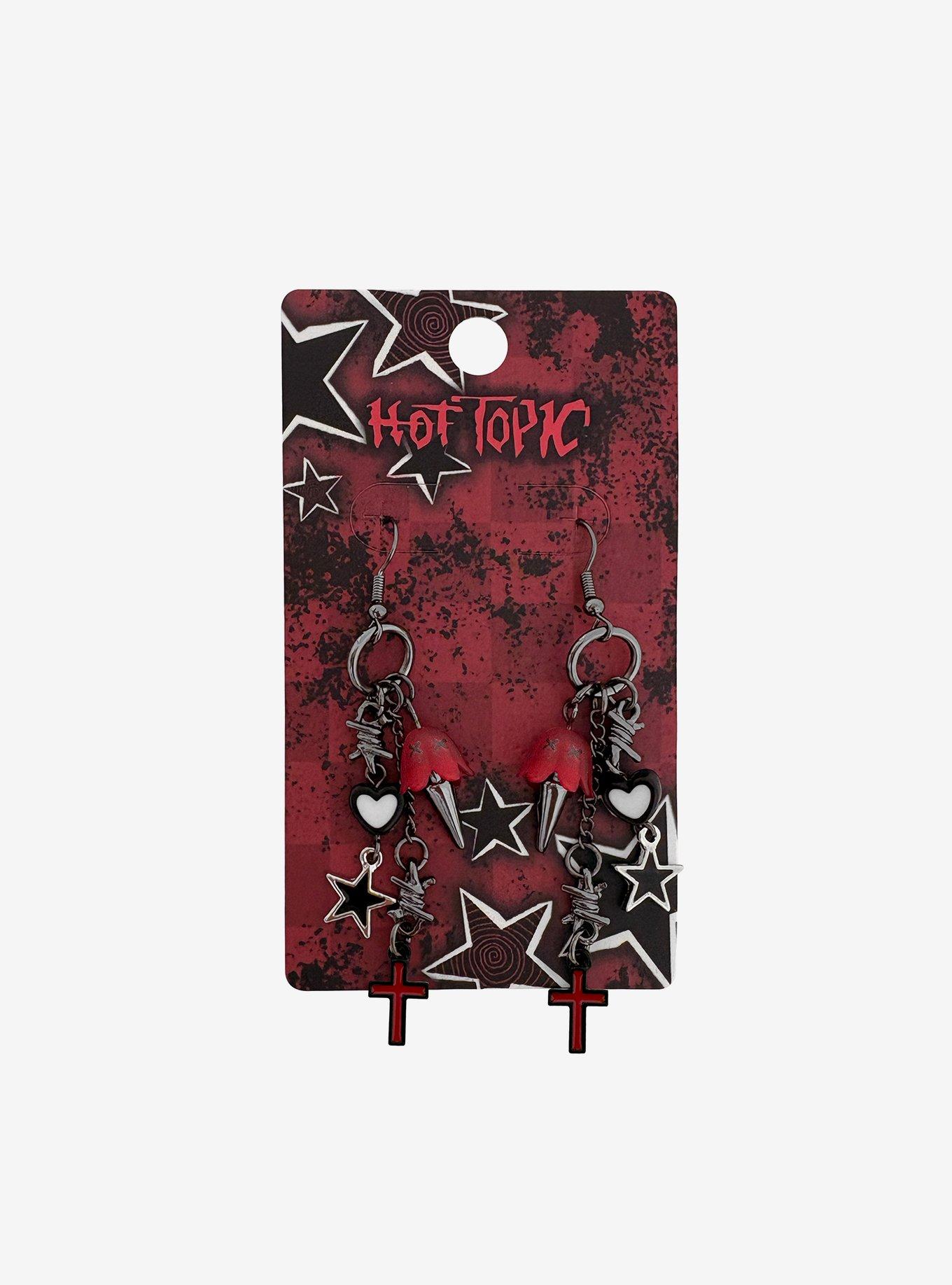 Emo Ghost Star Cross Drop Earrings, , hi-res