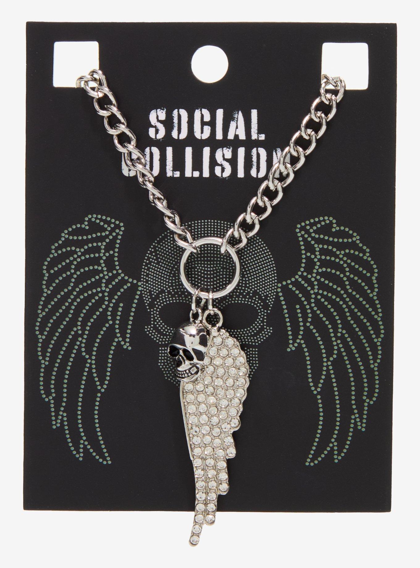 Social Collision Bling Wing Skull Necklace, , hi-res