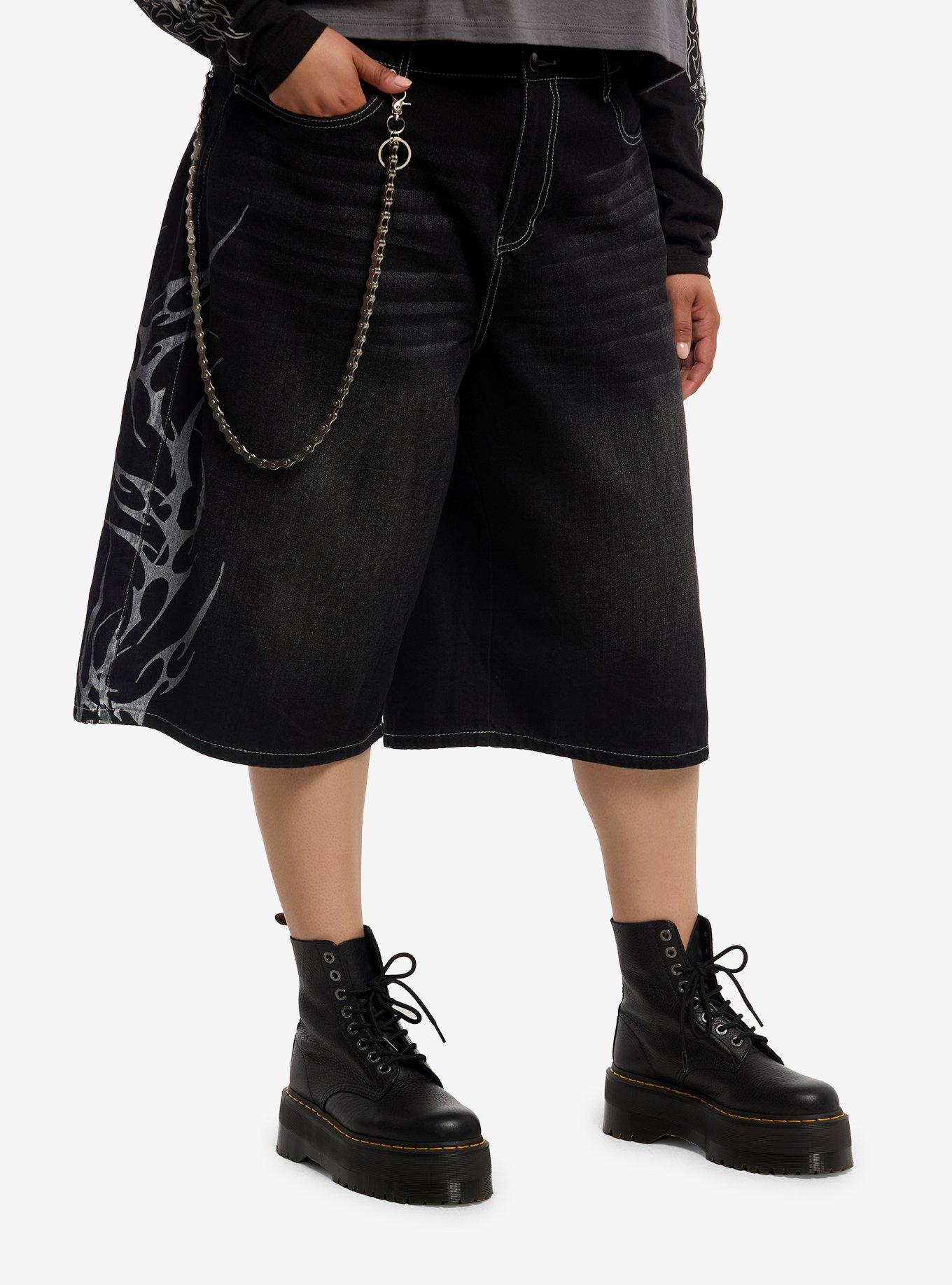 Social Collision Black Cyber Flame Side Chain Jorts Plus Size, , hi-res
