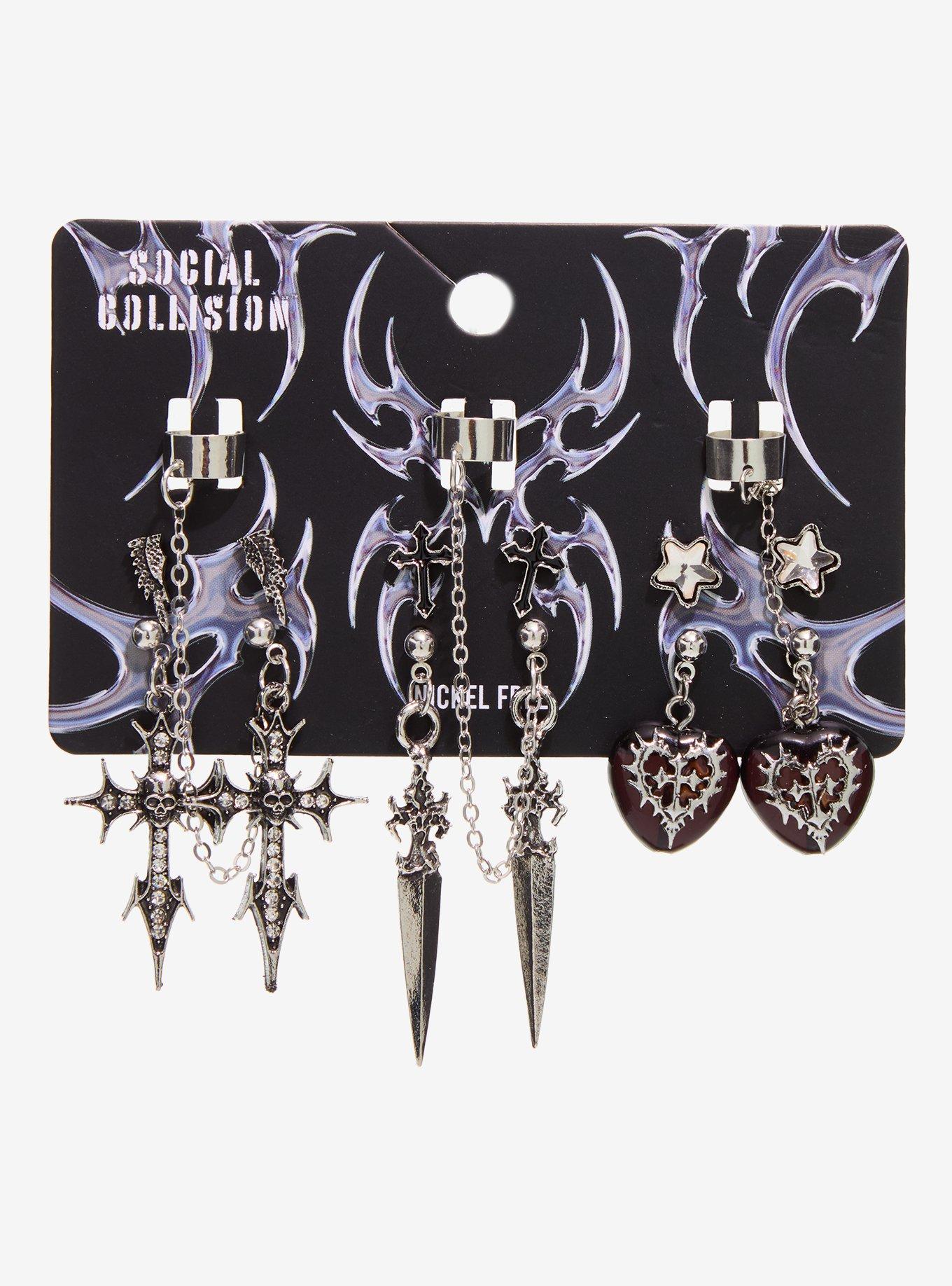 Social Collision Cyber Cross Heart Cuff Earring Set, , hi-res