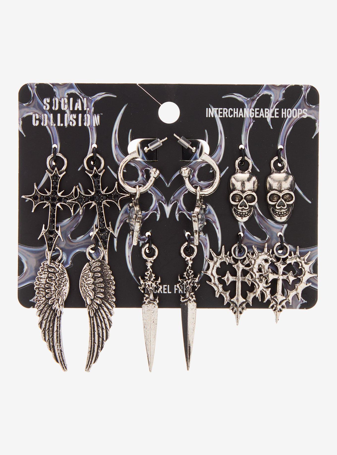 Social Collision Cyber Skull Wing Interchangeable Charm Earring Set, , hi-res