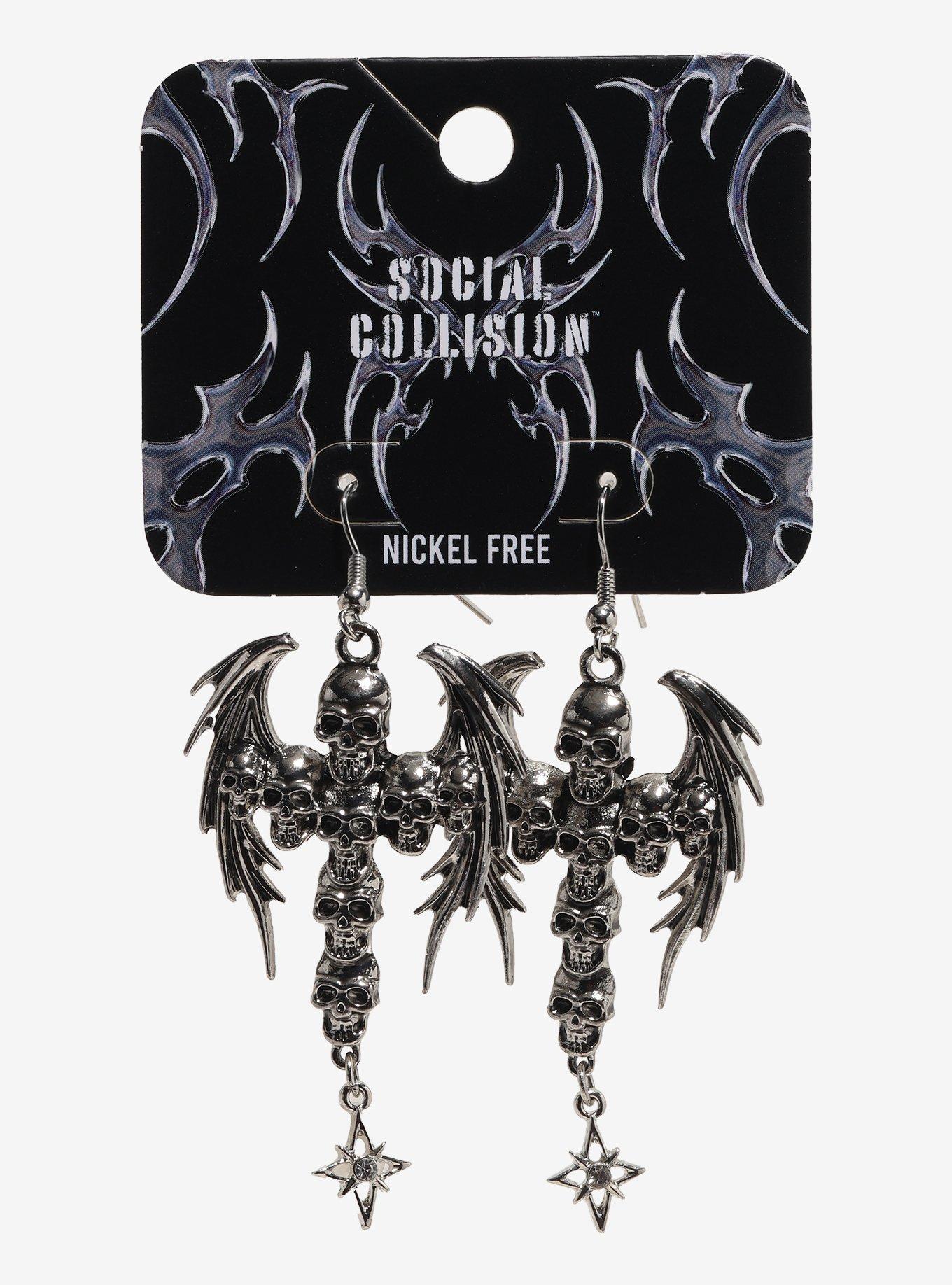 Social Collision Skull Cross Wing Earrings, , hi-res