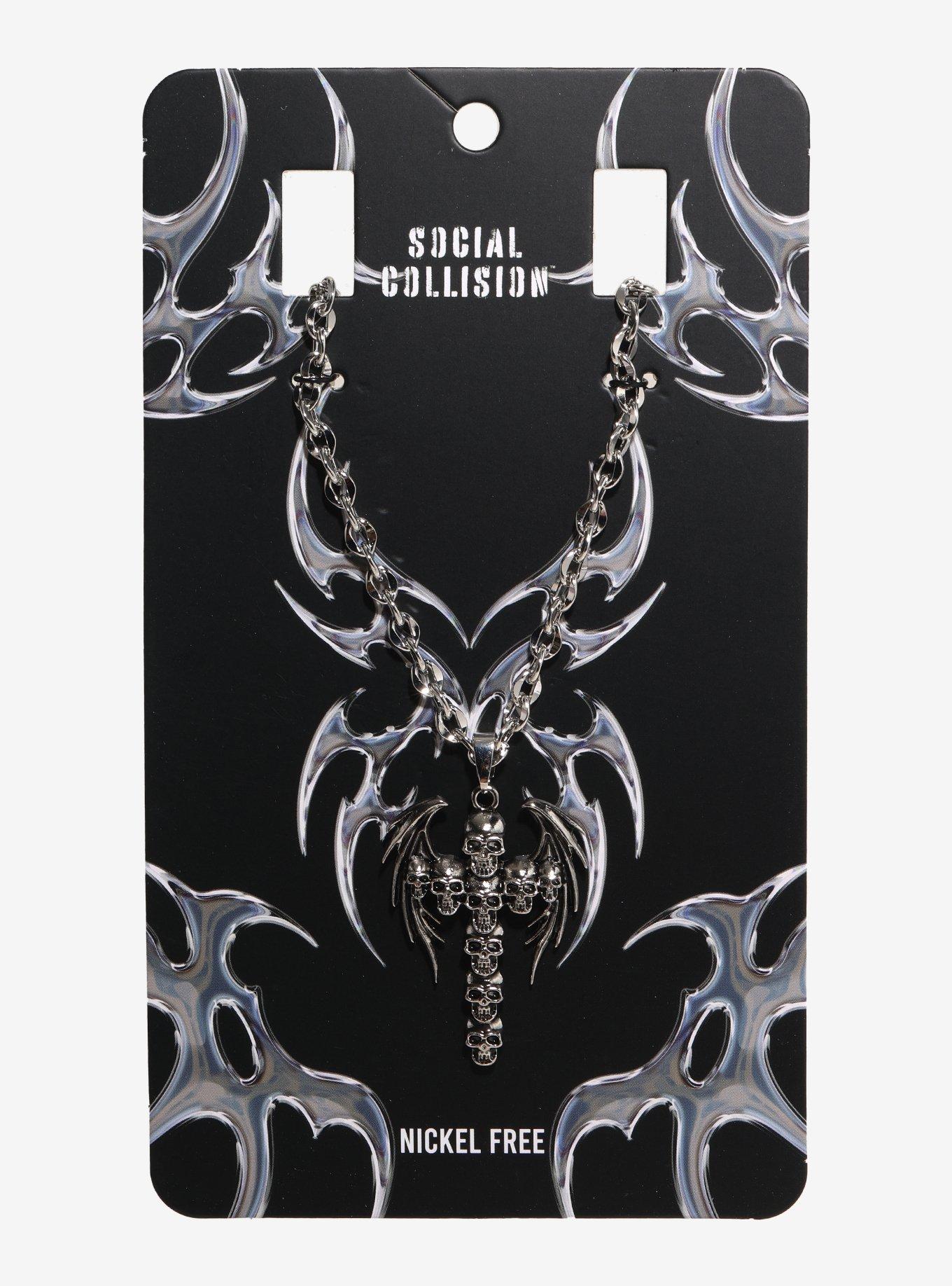 Social Collision Skull Cross Pendant Necklace, , hi-res