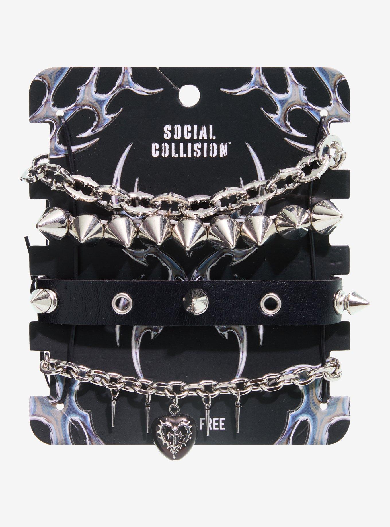 Social Collision Heart Spike Chain Bracelet Set, , hi-res