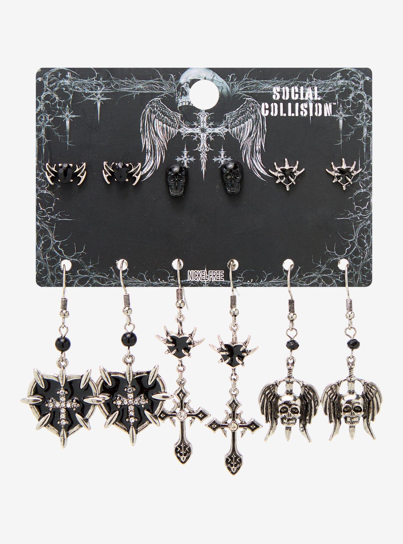 Social Collision Cyber Spike Heart Skull Earring Set, , hi-res