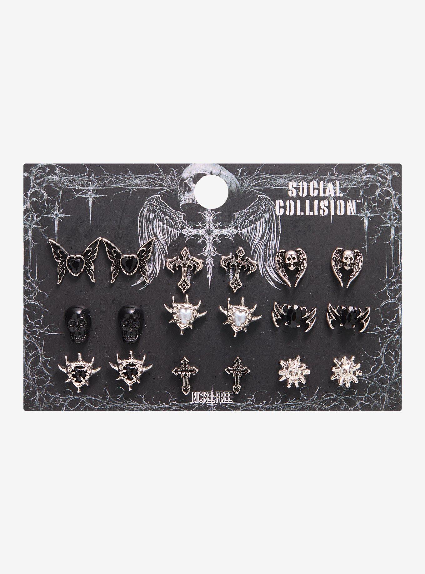 Social Collision Cyber Heart Skull Stud Earring Set, , hi-res