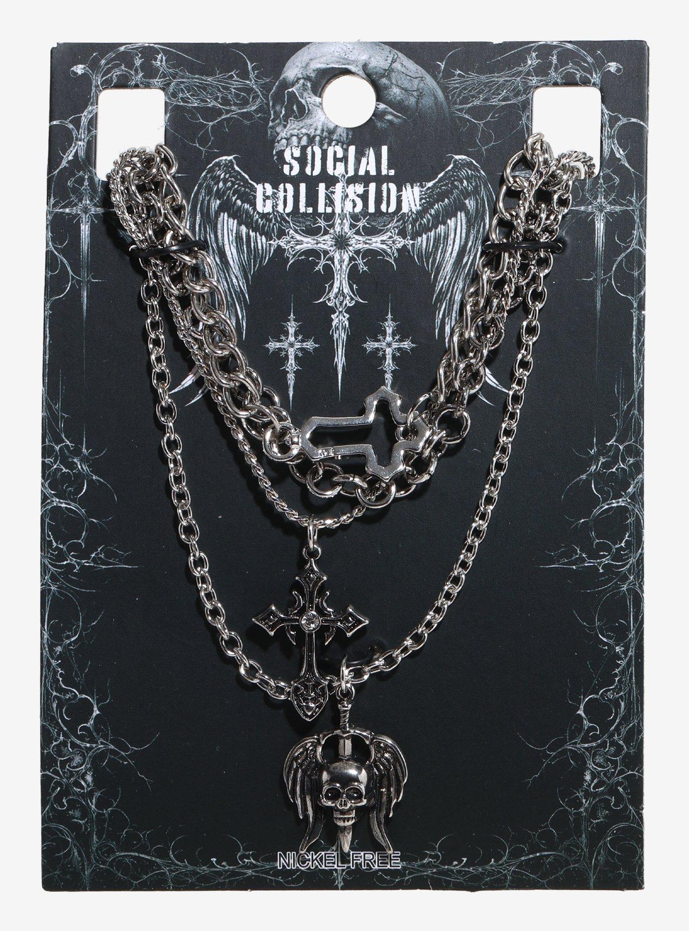 Social Collision Cross Winged Skull Necklace Set, , hi-res