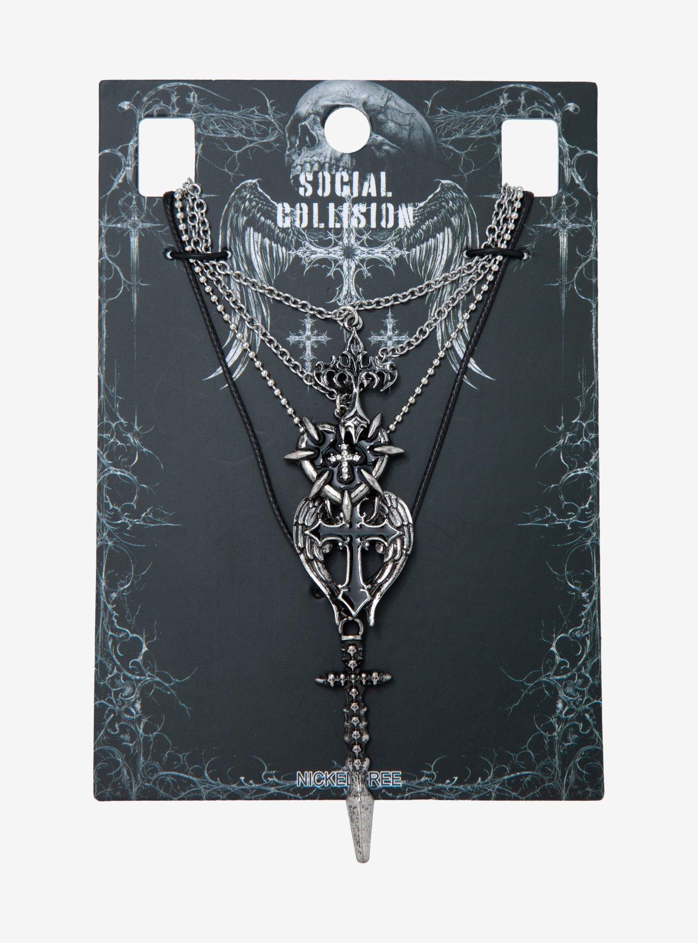 Social Collision Winged Cross Dagger Necklace Set, , hi-res