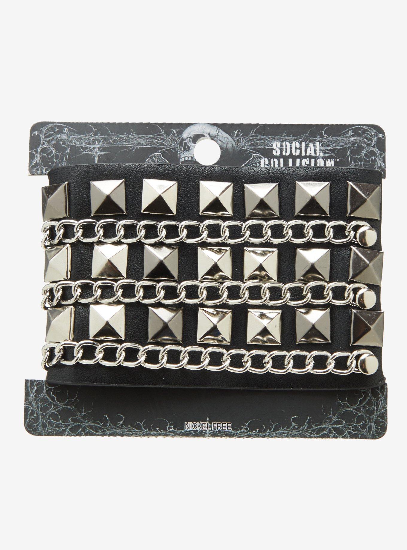 Social Collision Pyramid Stud Chain Cuff Bracelet, , hi-res