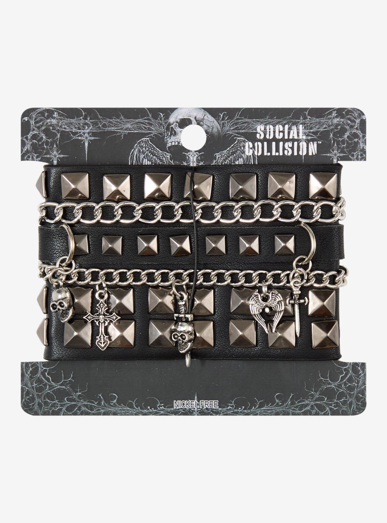 Social Collision Pyramid Stud Skull Chain Cuff Bracelet, , hi-res