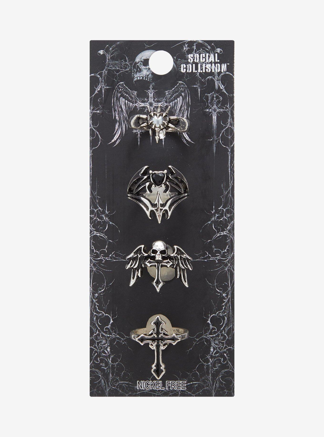 Social Collision Winged Skull Cross Heart Ring Set, , hi-res