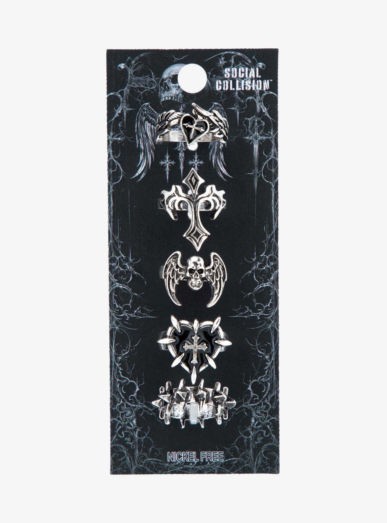 Social Collision Winged Skull Gothic Cross Ring Set, , hi-res
