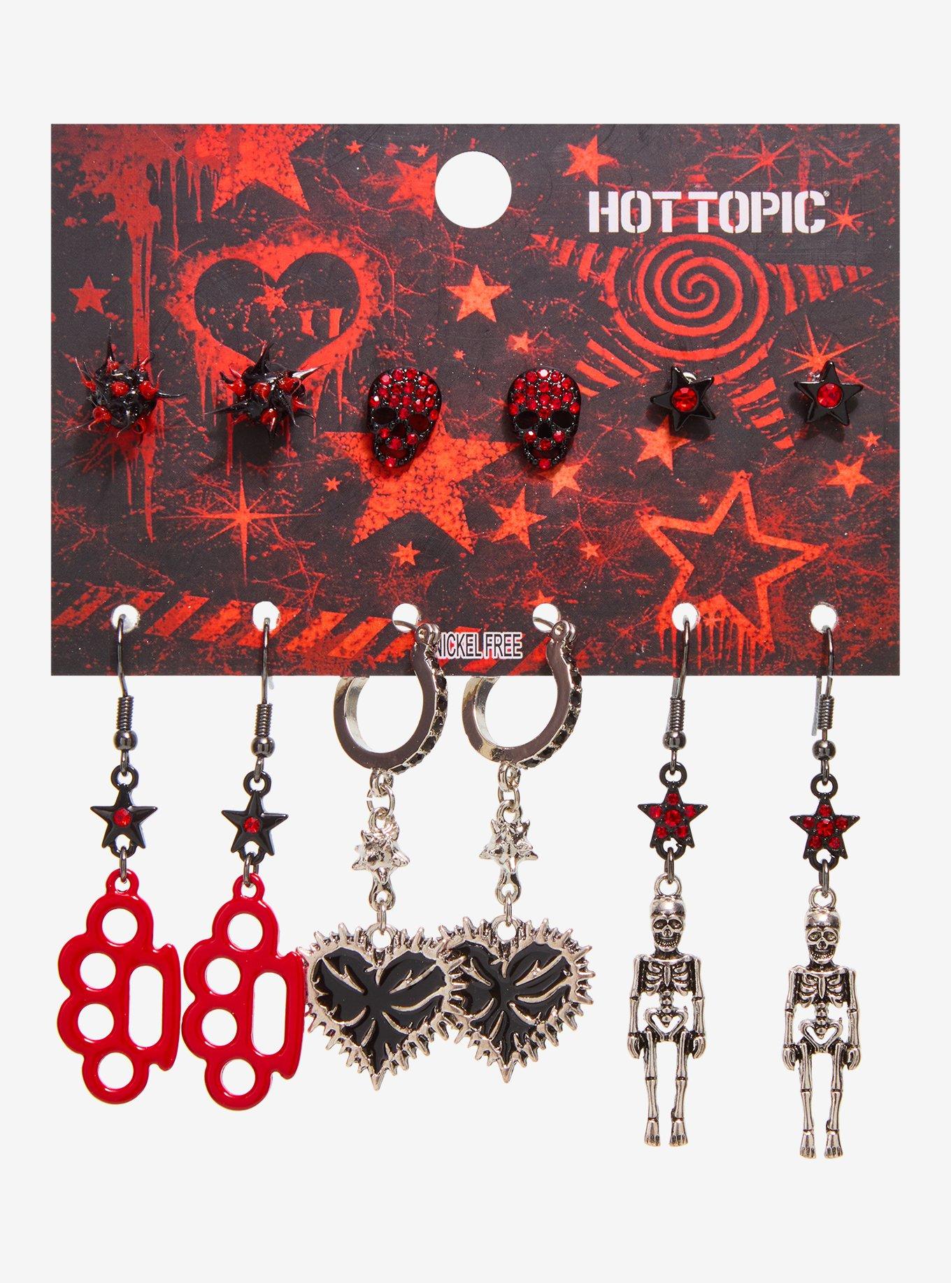 Black & Red Skull Brass Knuckles Heart Earring Set, , hi-res