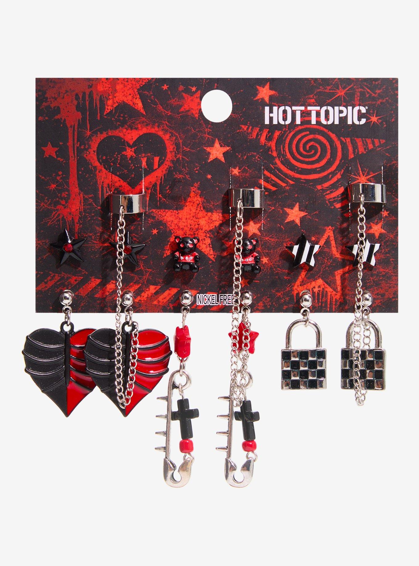 Red & Black Rib Cage Heart Lock Cuff Earring Set, , hi-res