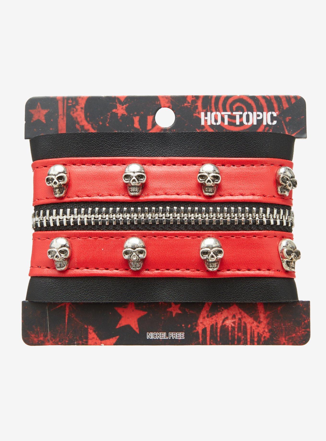 Black & Red Skull Zipper Cuff Bracelet, , hi-res