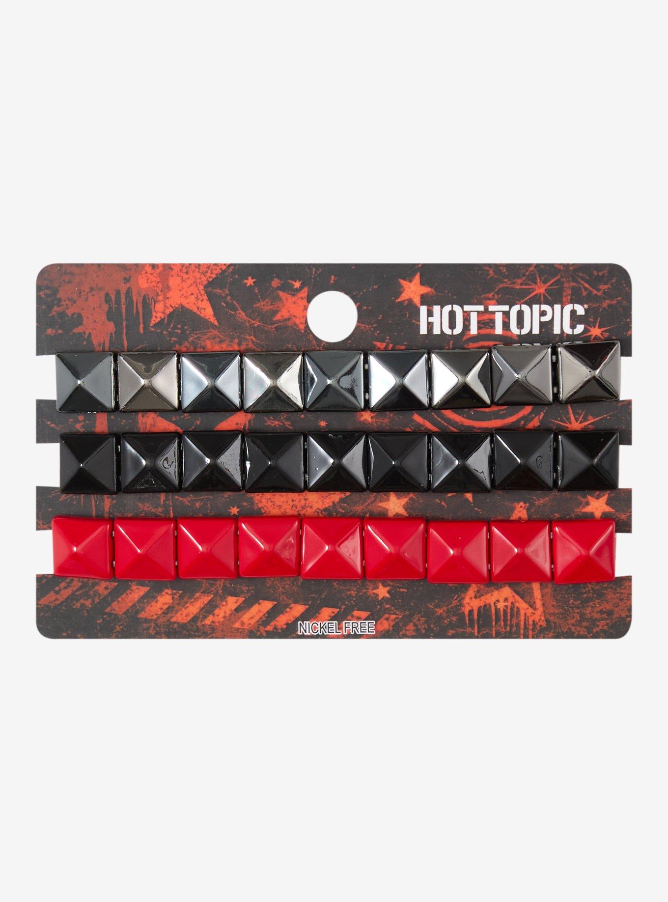 Black Red & Silver Pyramid Stud Bracelet Set, , hi-res
