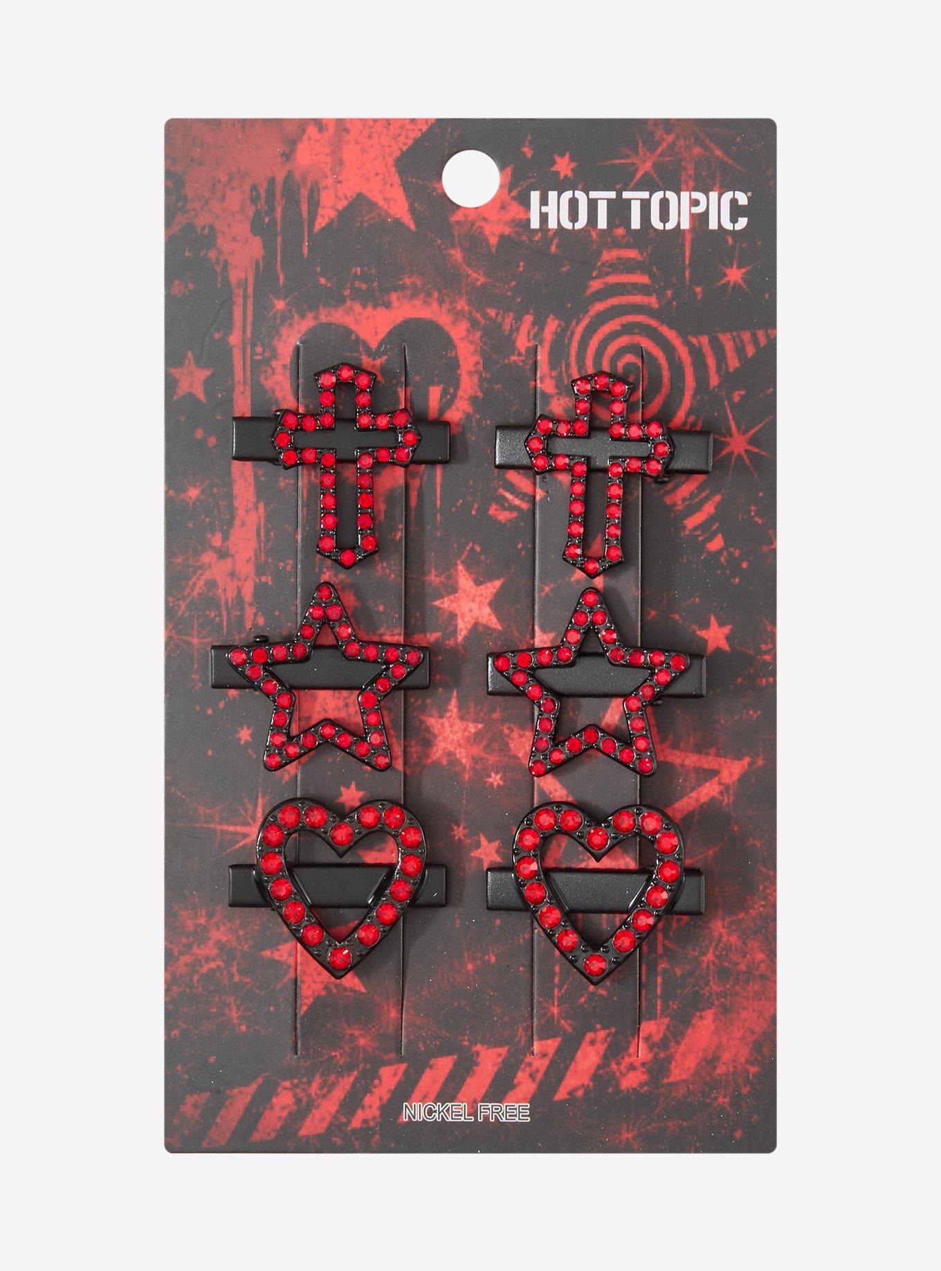 Black & Red Cross Star Heart Hair Clip Set, , hi-res