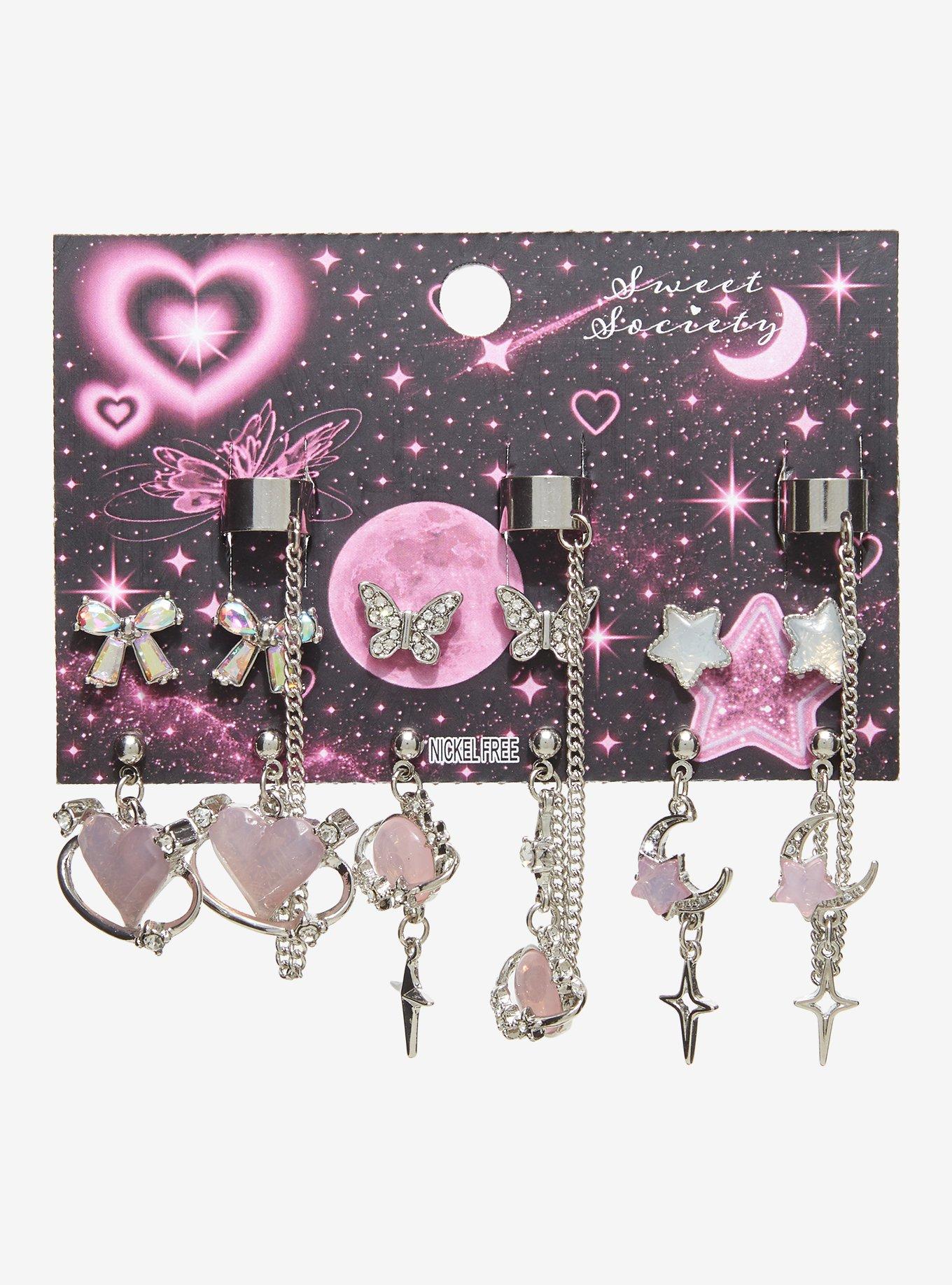 Sweet Society Heart Star Pink Gem Cuff Earring Set, , hi-res