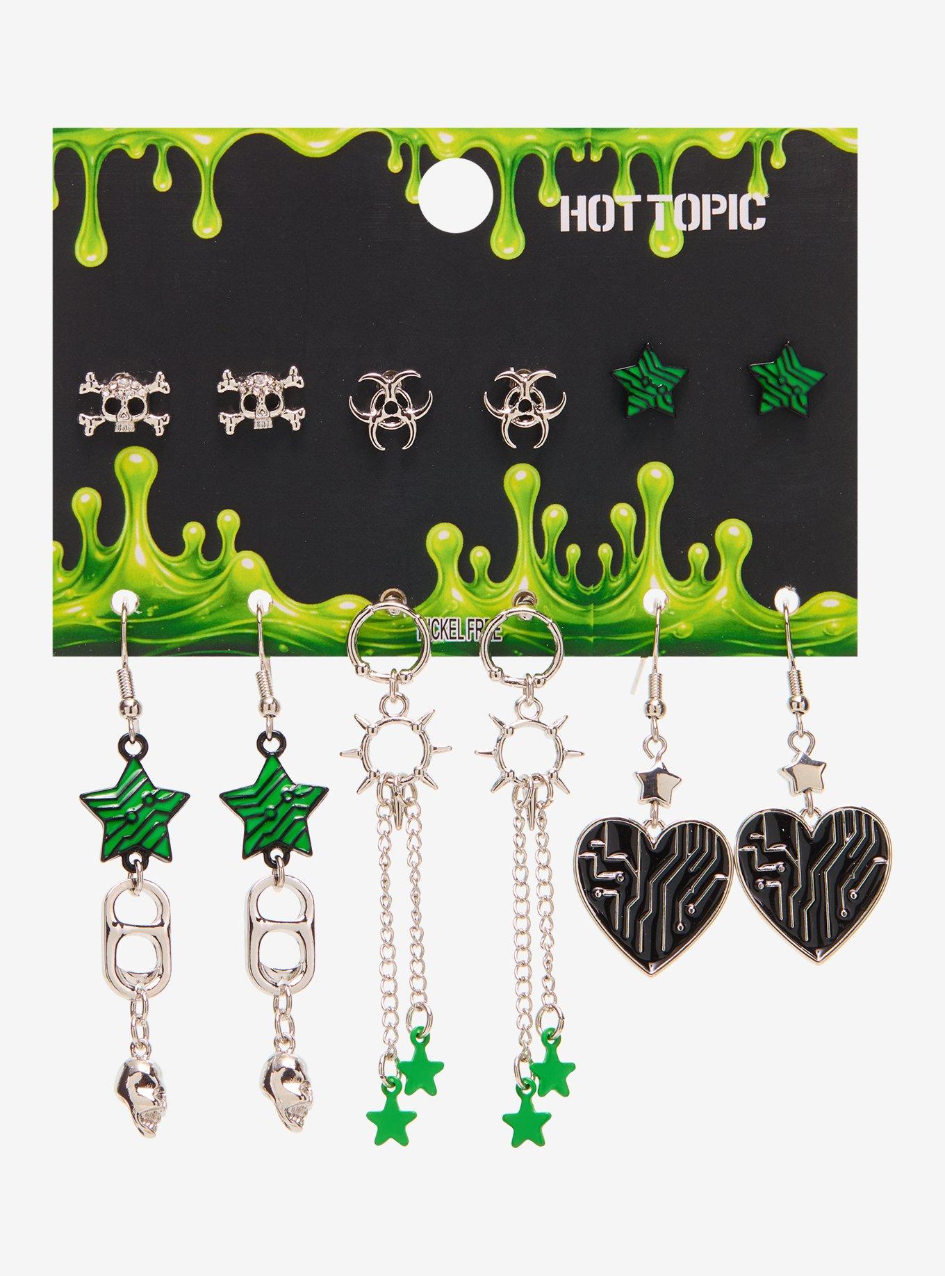 Black & Green Biohazard Star Heart Earring Set, , hi-res