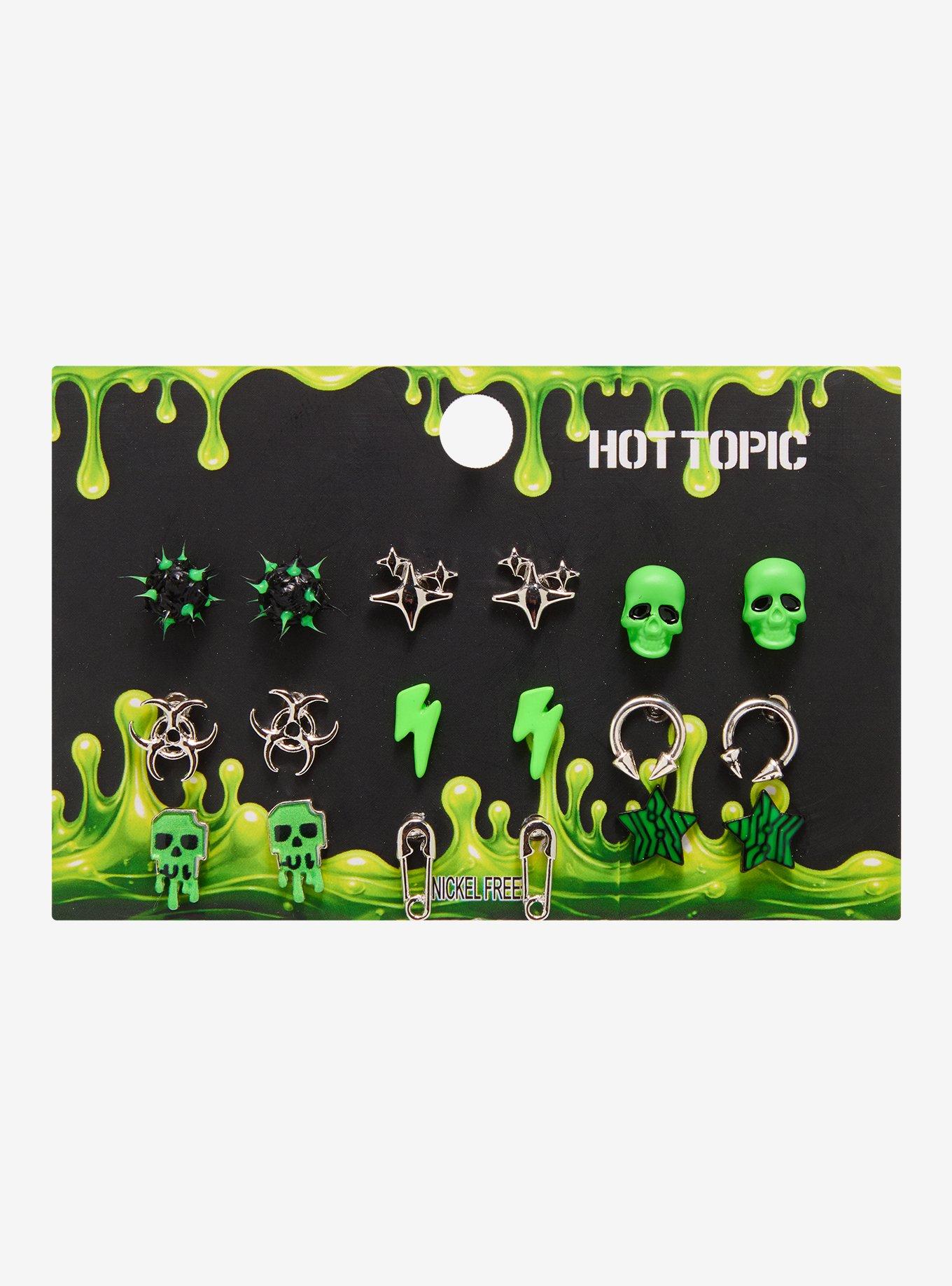Black & Green Skull Star Spike Ball Stud Earring Set, , hi-res