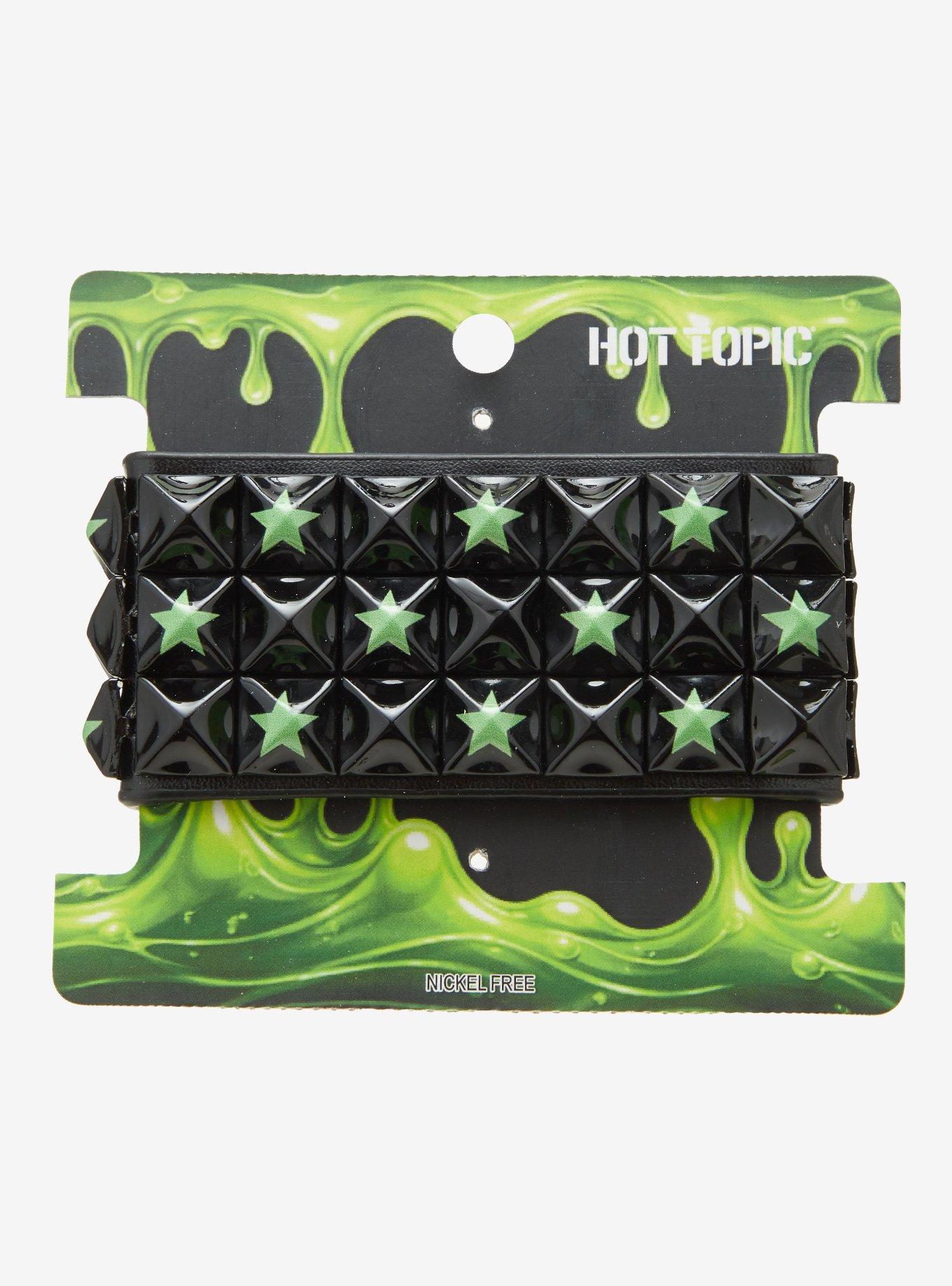 Black & Green Star Pyramid Stud Cuff Bracelet, , hi-res