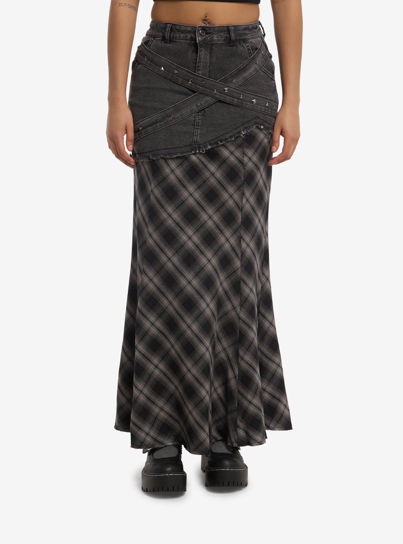 Social Collision Split Plaid Denim Maxi Skirt, , hi-res