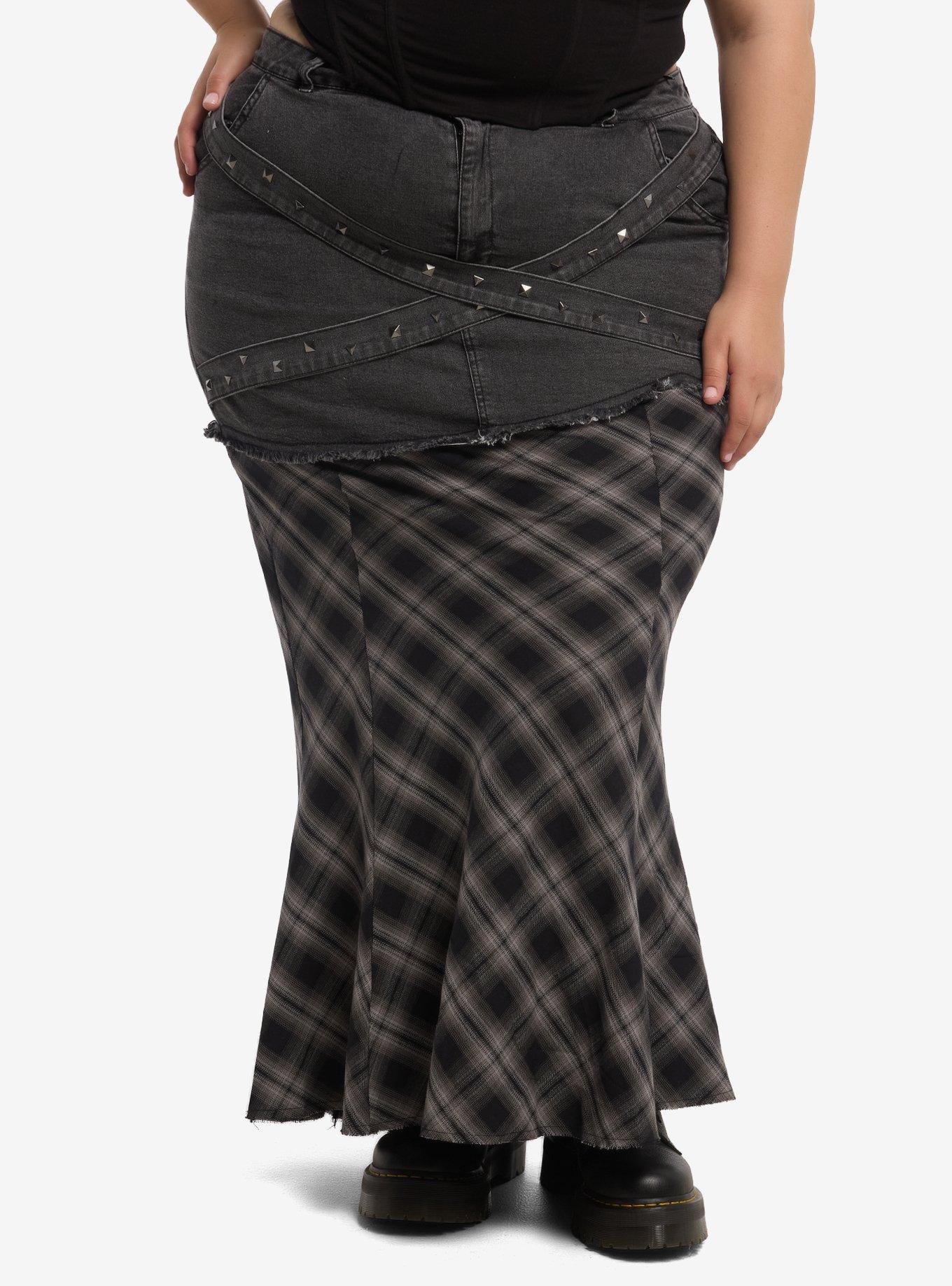 Social Collision Split Plaid Denim Maxi Skirt Plus Size, , hi-res