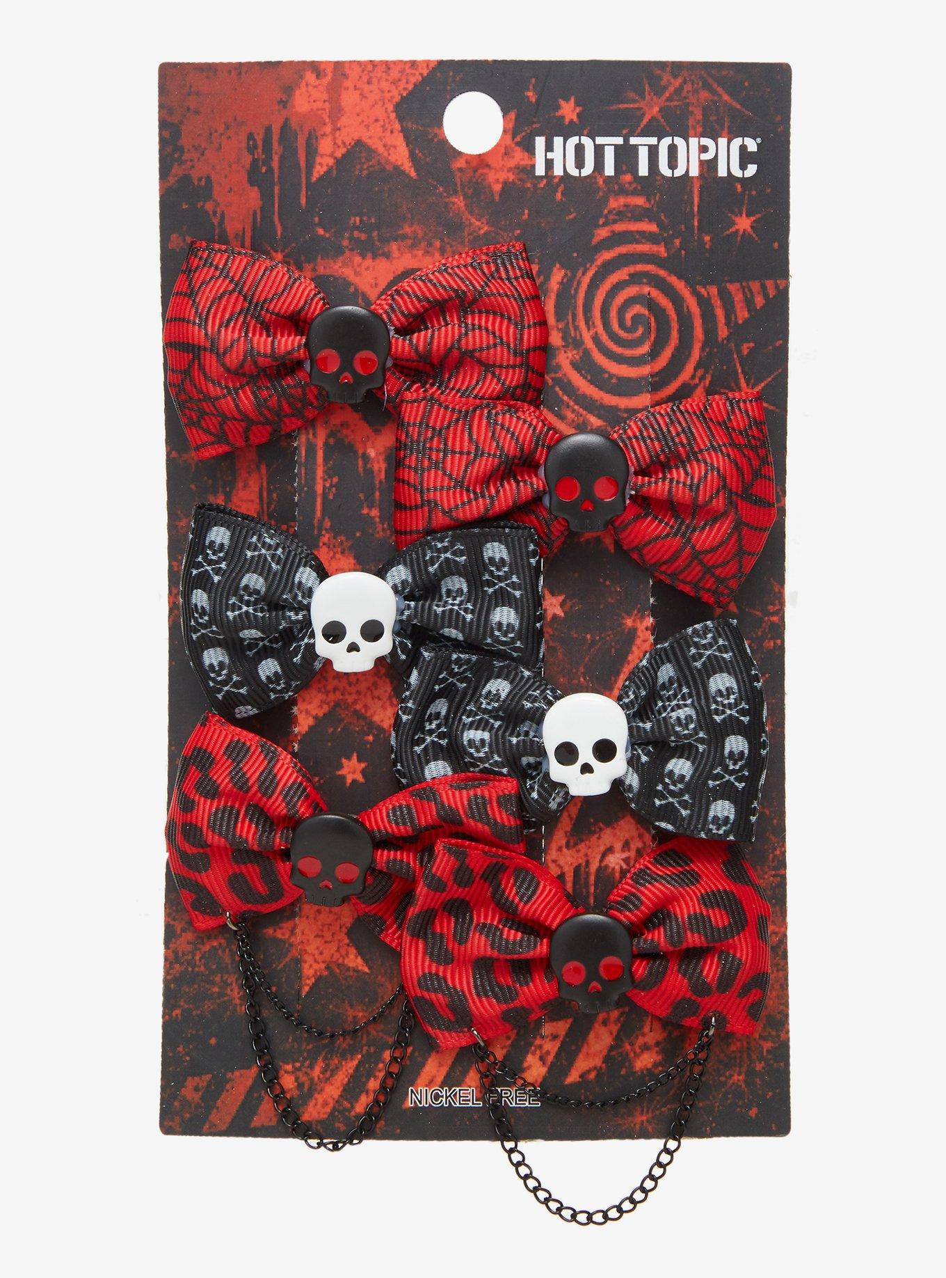 Emo Print Skull Bows Hair Clip Set, , hi-res