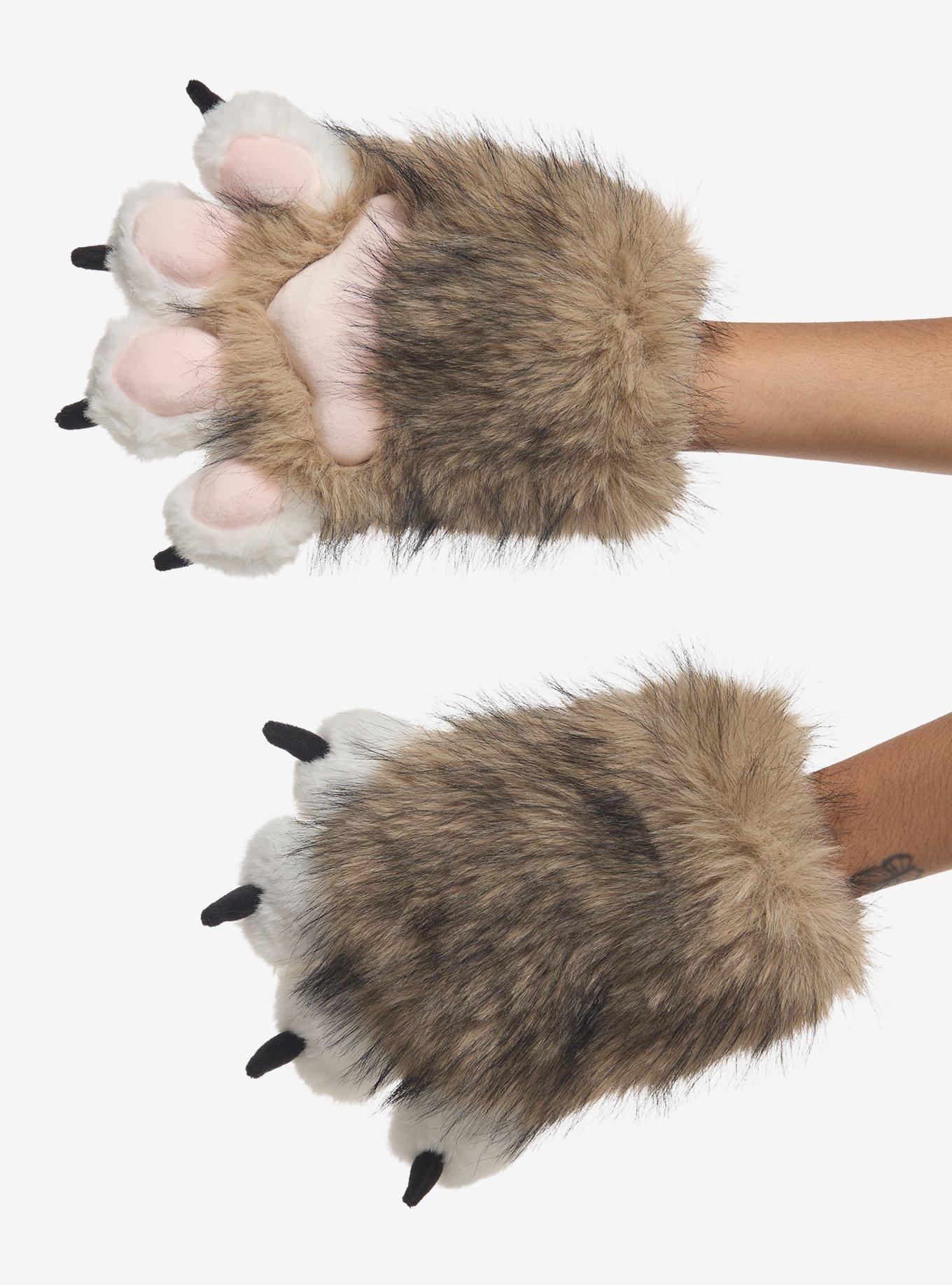 Brown & White Fuzzy Cat Paw Gloves