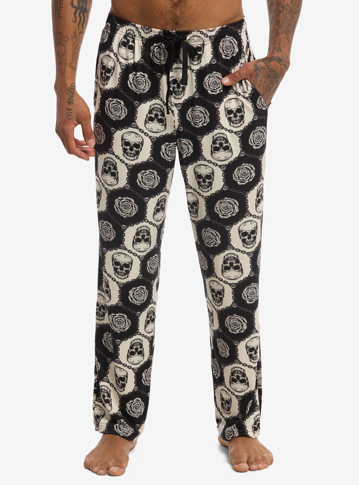 Black & White Skull & Roses Pajama Pants, , hi-res