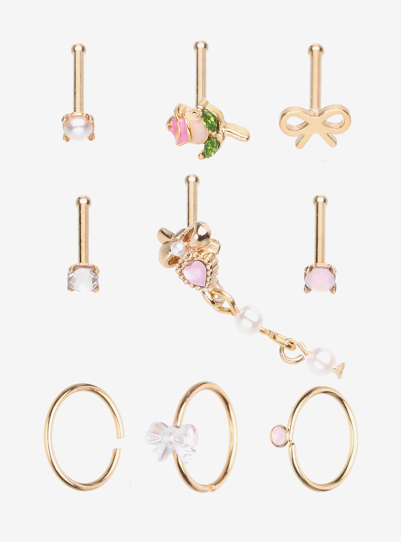 Steel Bow & Rose Nose Stud & Hoop 9 Pack, , hi-res