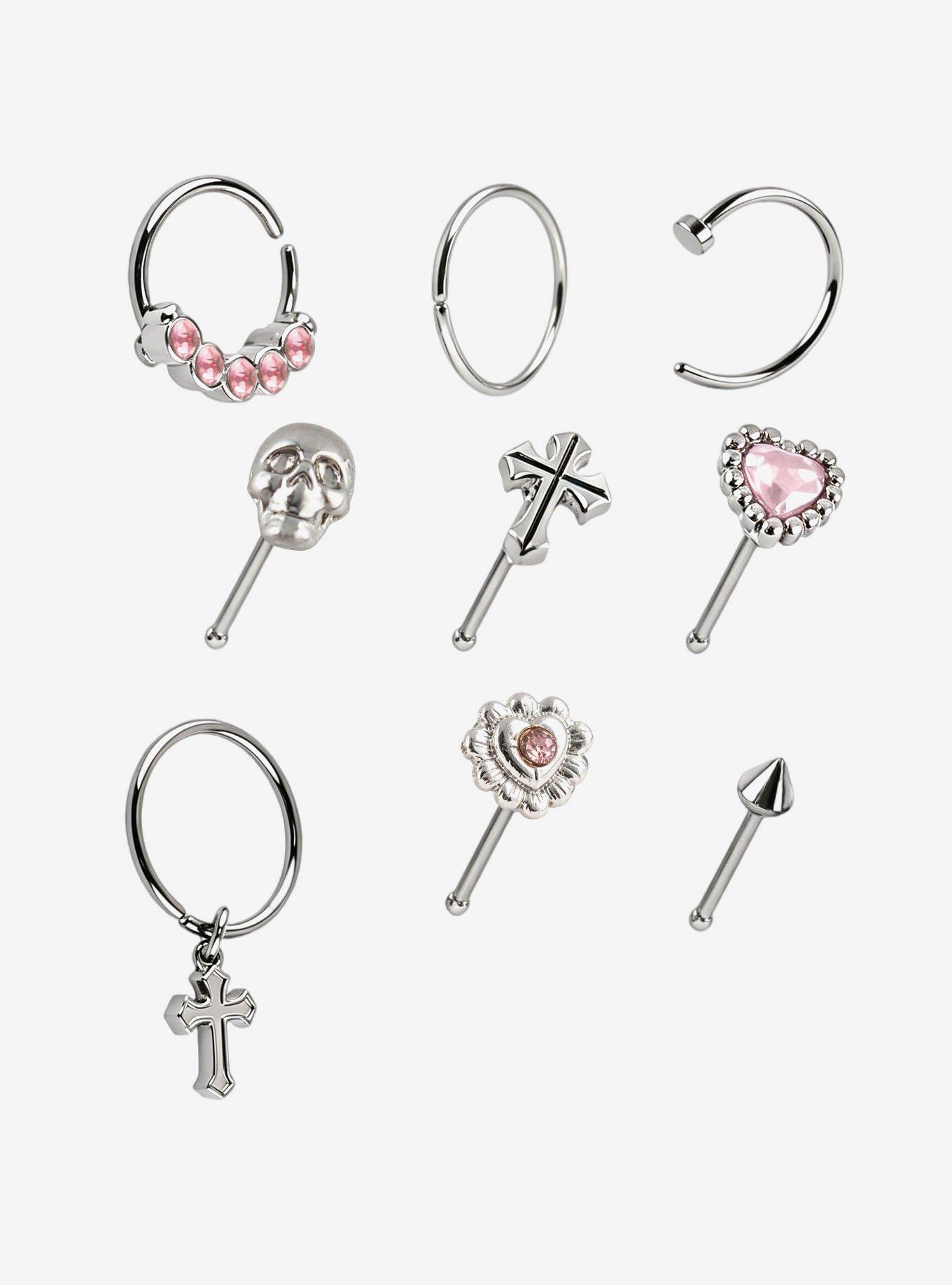 Steel Pink Cross Heart Nose Stud & Hoop 9 Pack, , hi-res
