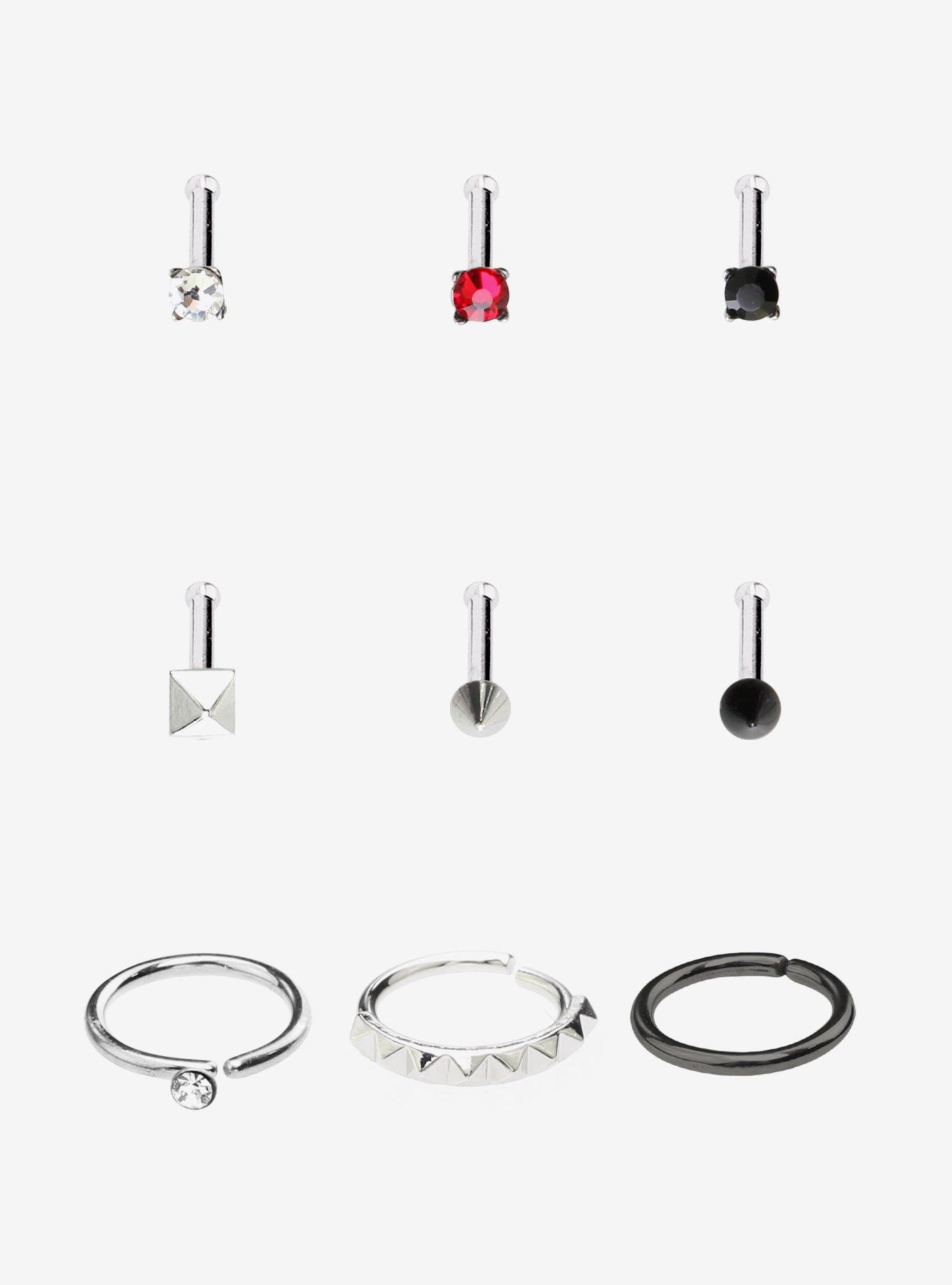 Steel Black & Red Spike Nose Stud & Hoop 9 Pack, , hi-res