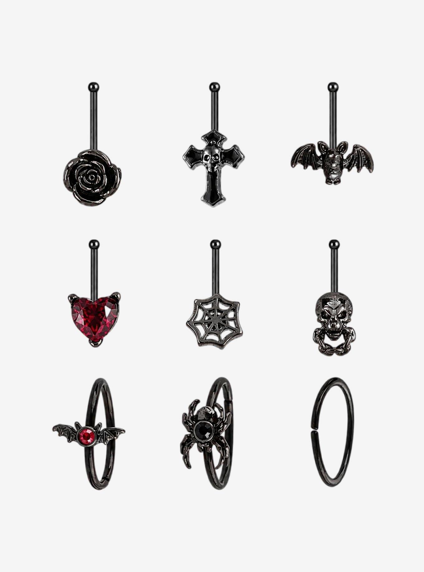 Steel Goth Spider Bat Nose Stud & Hoop 9 Pack, , hi-res