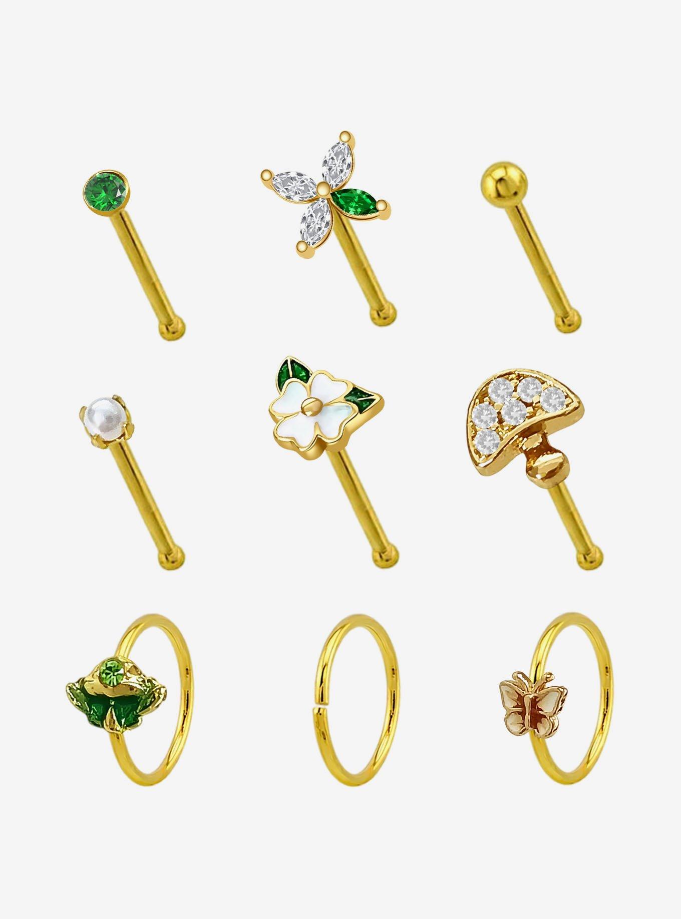 Steel Gold Flower Mushroom Nose Stud & Hoop 9 Pack, , hi-res
