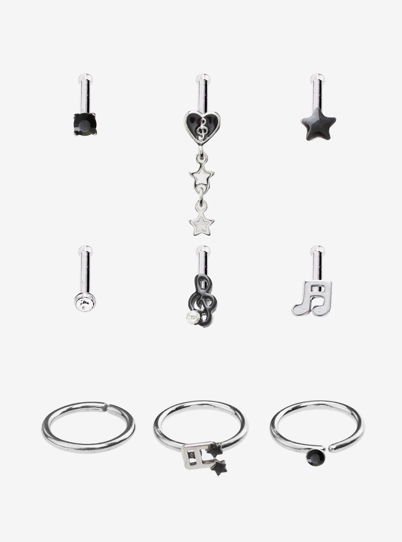 Steel Musical Note Nose Stud & Hoop 9 Pack, , hi-res