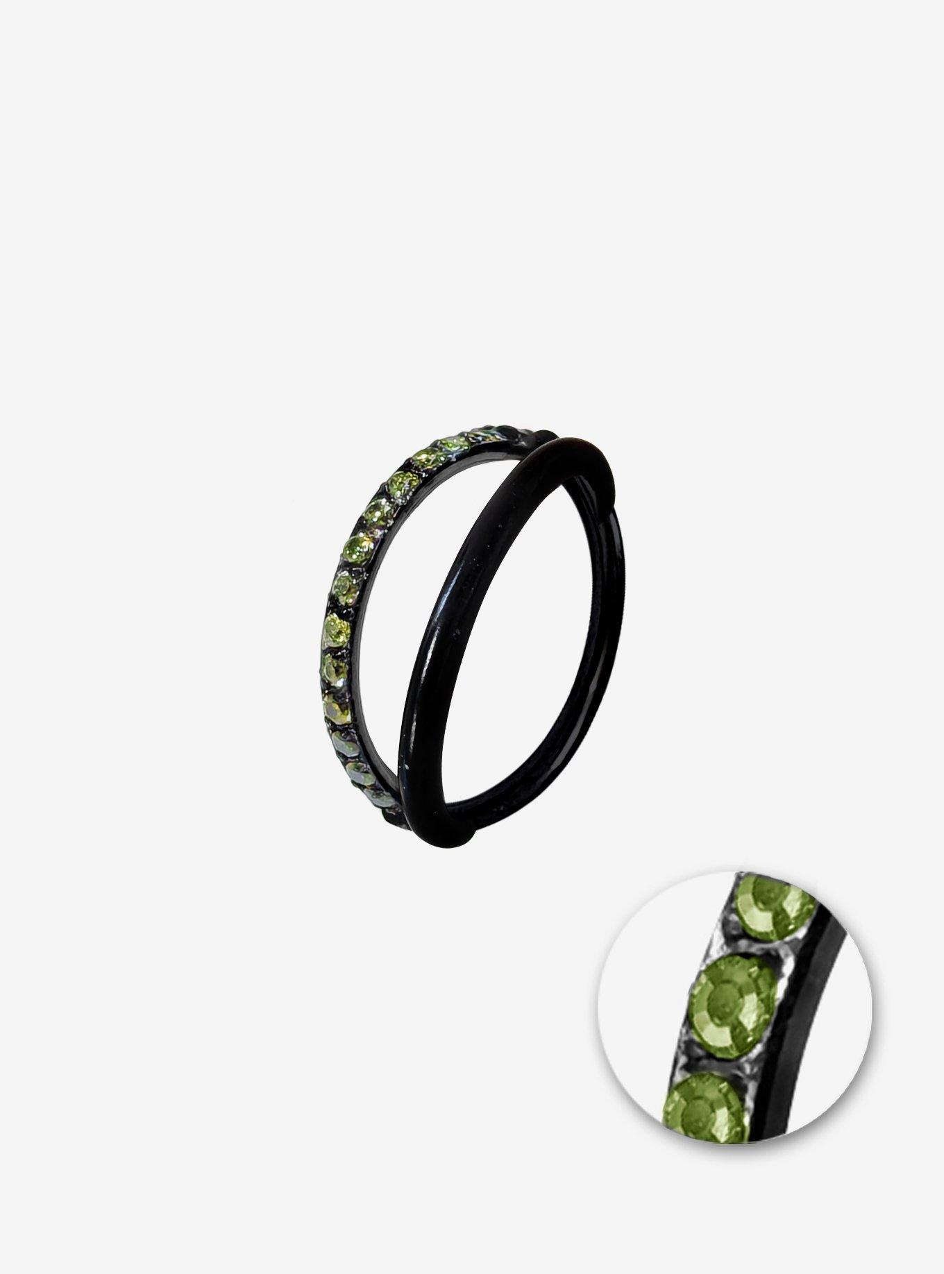 Steel Black & Green Gem Double Hoop Hinged Clicker, , hi-res