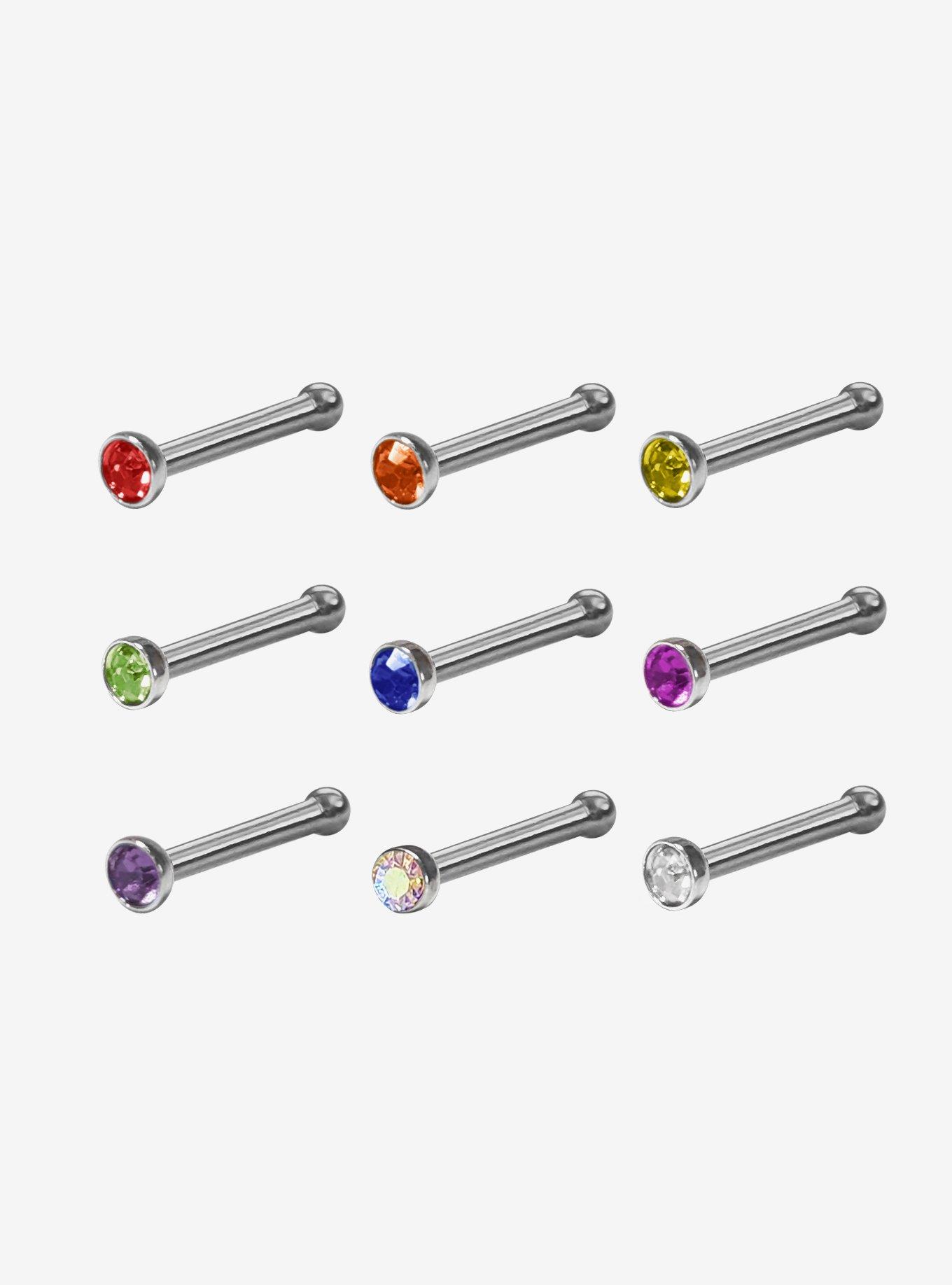 Steel Rainbow Bling Nose Stud 9 Pack