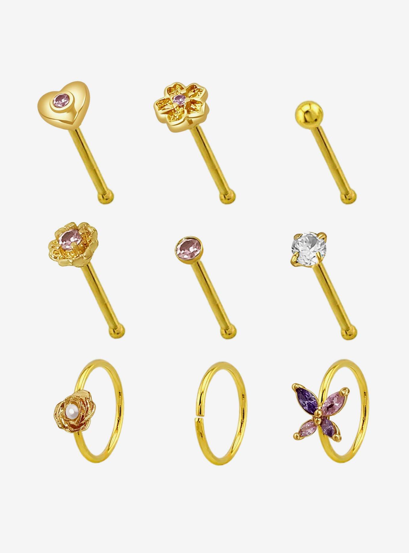 Steel Gold Flower Butterfly Nose Stud & Hoop 9 Pack, , hi-res