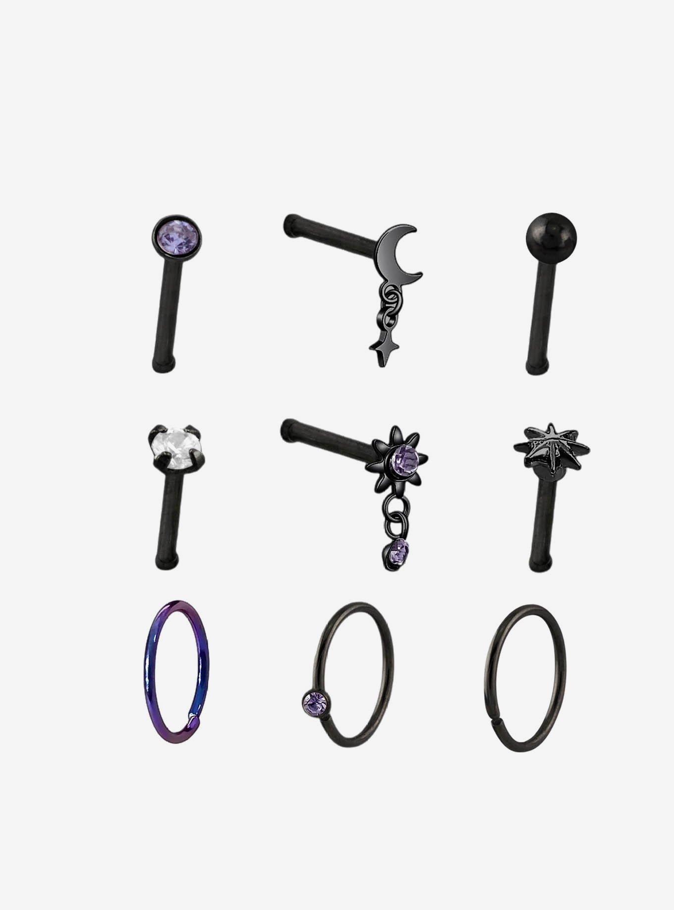 Steel Black Celestial Nose Stud & Hoop 9 Pack, , hi-res