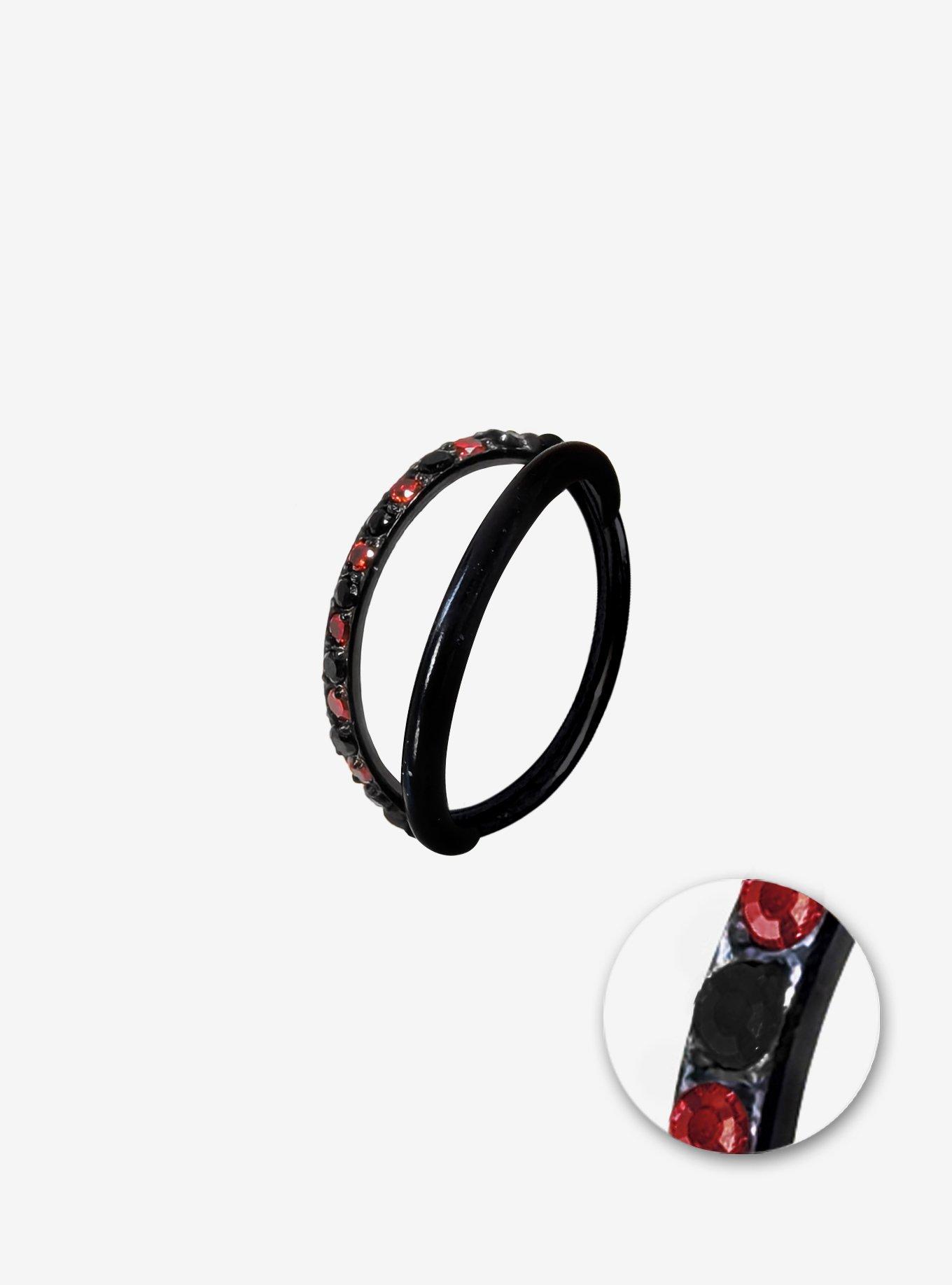 Steel Black & Red Gem Double Hoop Hinged Clicker, , hi-res