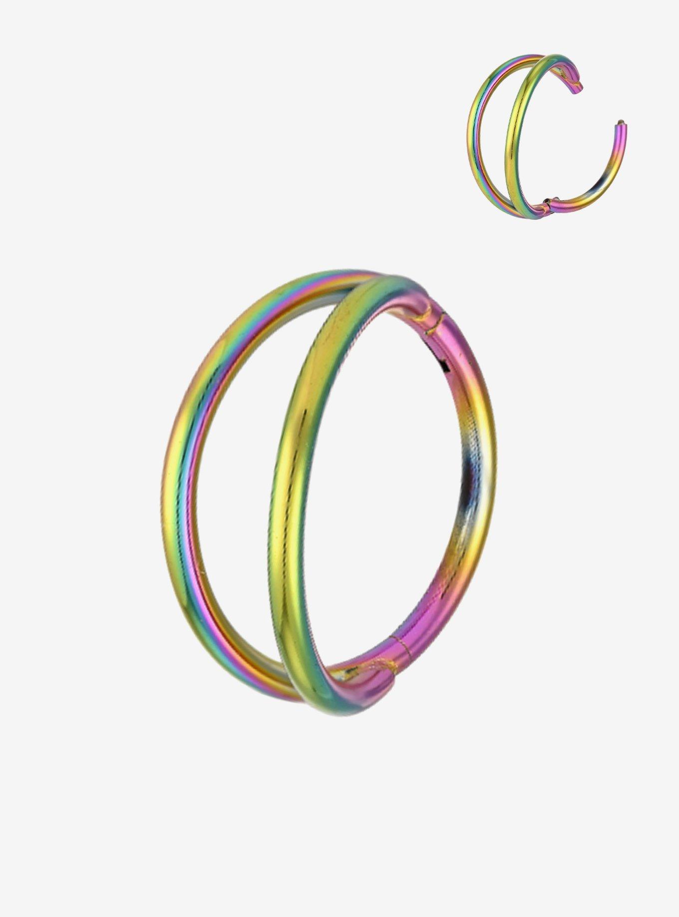 Steel Anodized Rainbow Double Hoop Hinged Clicker, , hi-res
