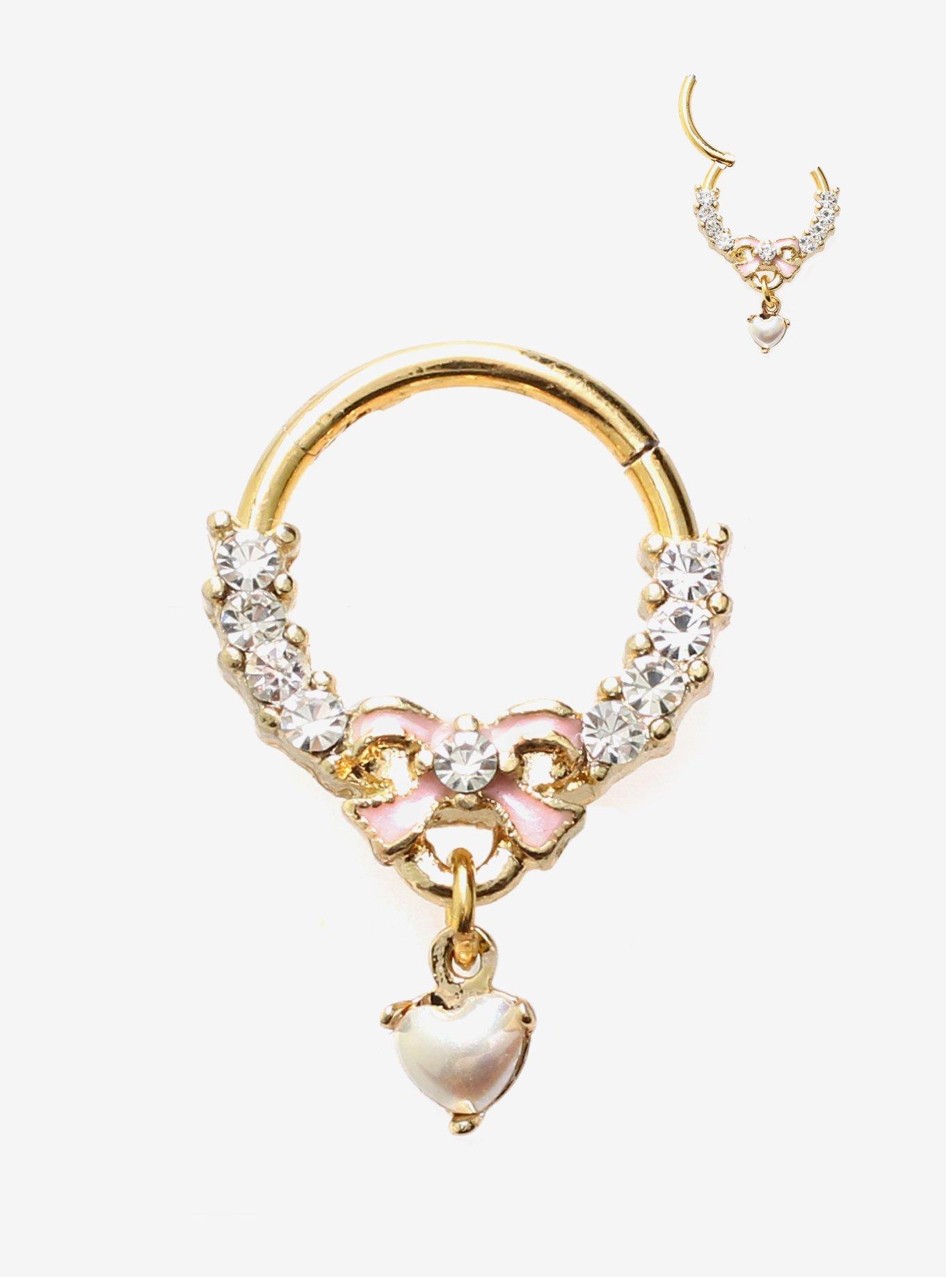 Steel Pink Bling Bow Septum Hinged Clicker, , hi-res